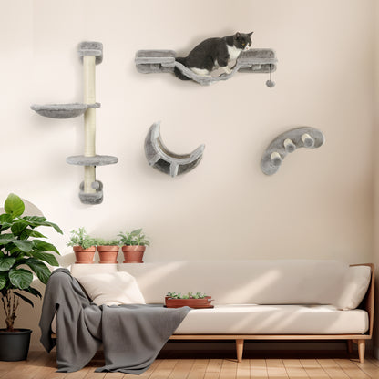 PawHut 4Pcs Cat Wall Shelf with Scratching Post, Cat Wall Shelves for Relaxing, Climbing, Cat Wall With Soft Ladder, Hammock, Play Balls, Grey