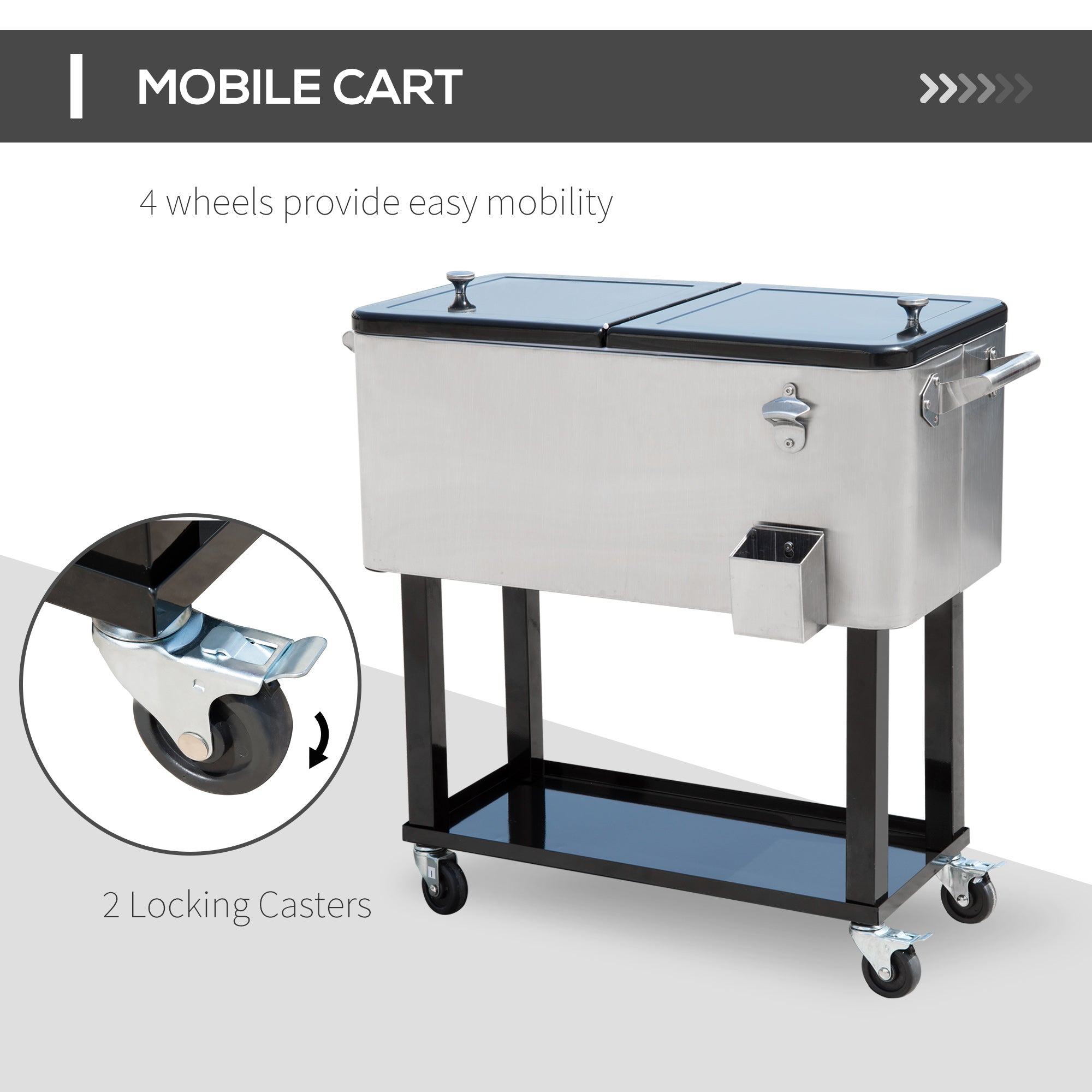 Outsunny 80 Quart Rolling Cooler Cart Portable Patio Ice Beer Beverage Cooling Bin for Outdoor Party w/ Bottle Opener & Storage Shelf Silver