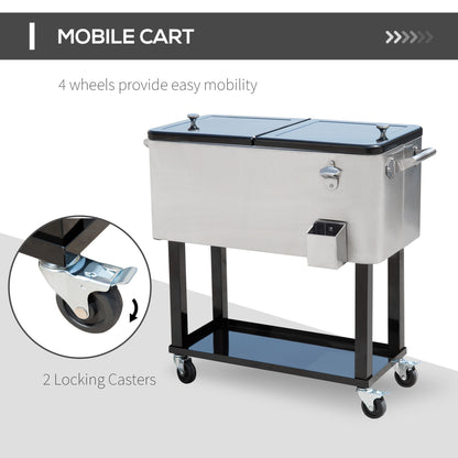 Outsunny 80 Quart Rolling Cooler Cart Portable Patio Ice Beer Beverage Cooling Bin for Outdoor Party w/ Bottle Opener & Storage Shelf Silver