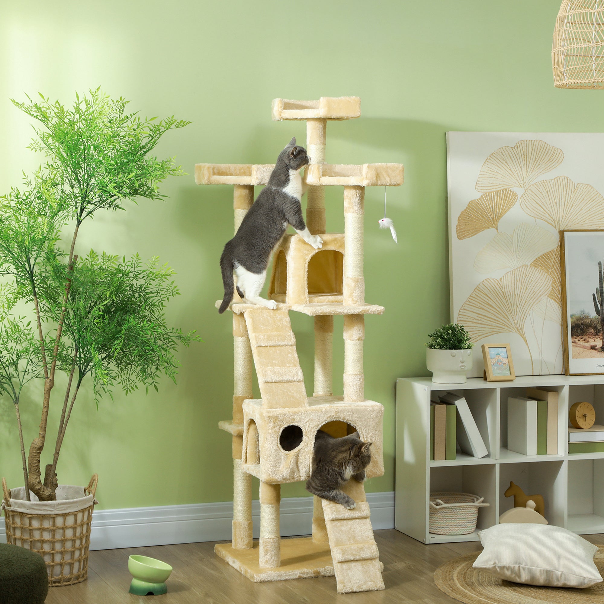 PawHut 68-inch Multi-Level Cat Scratching Tree Kitty Activity Center Post Tower Condo Pet Furniture w/ Toy Beige