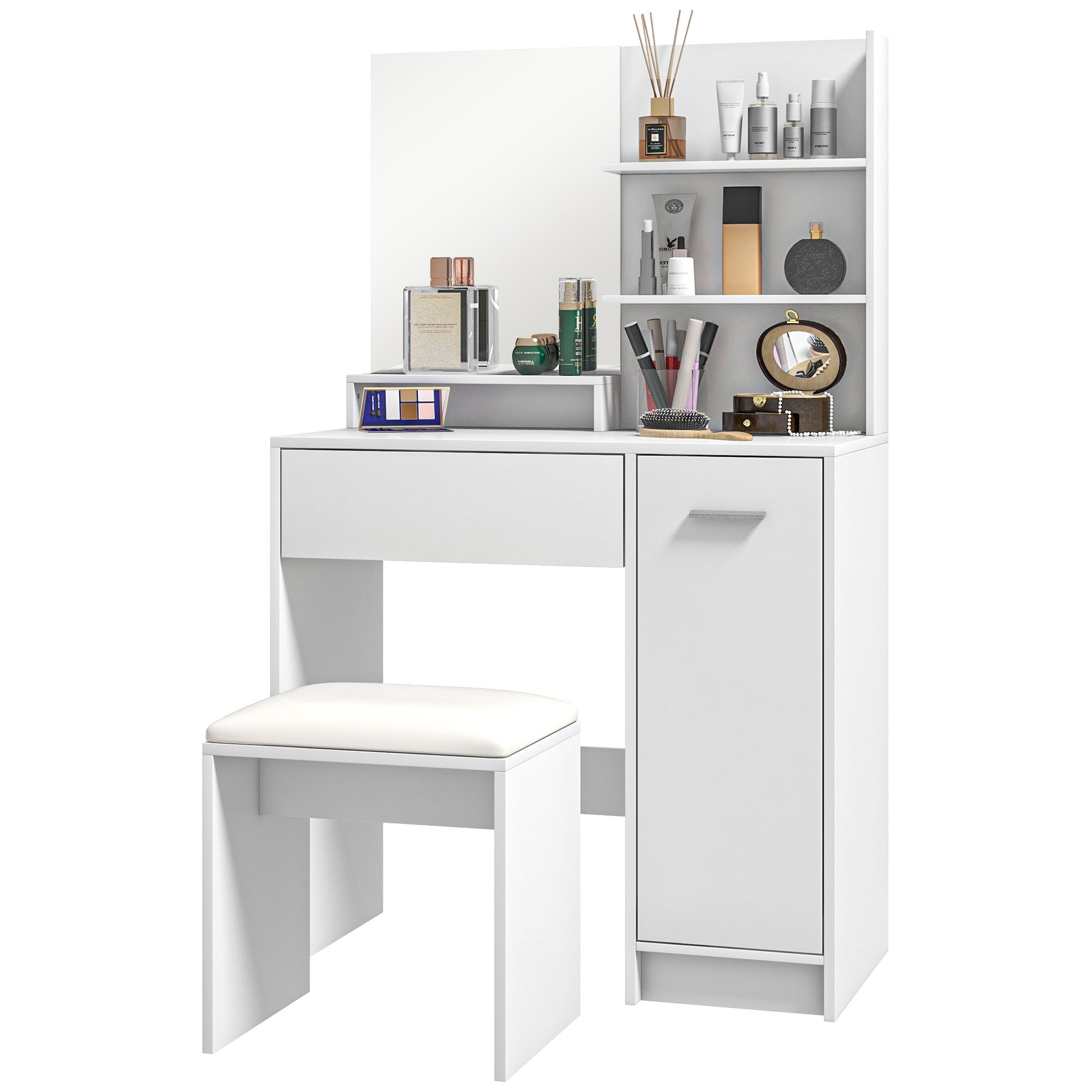 HOMCOM Vanity Set with Mirror and Stool, Makeup Vanity Table with Storage Drawer, Cabinet, Adjustable Shelf for Bedroom, White