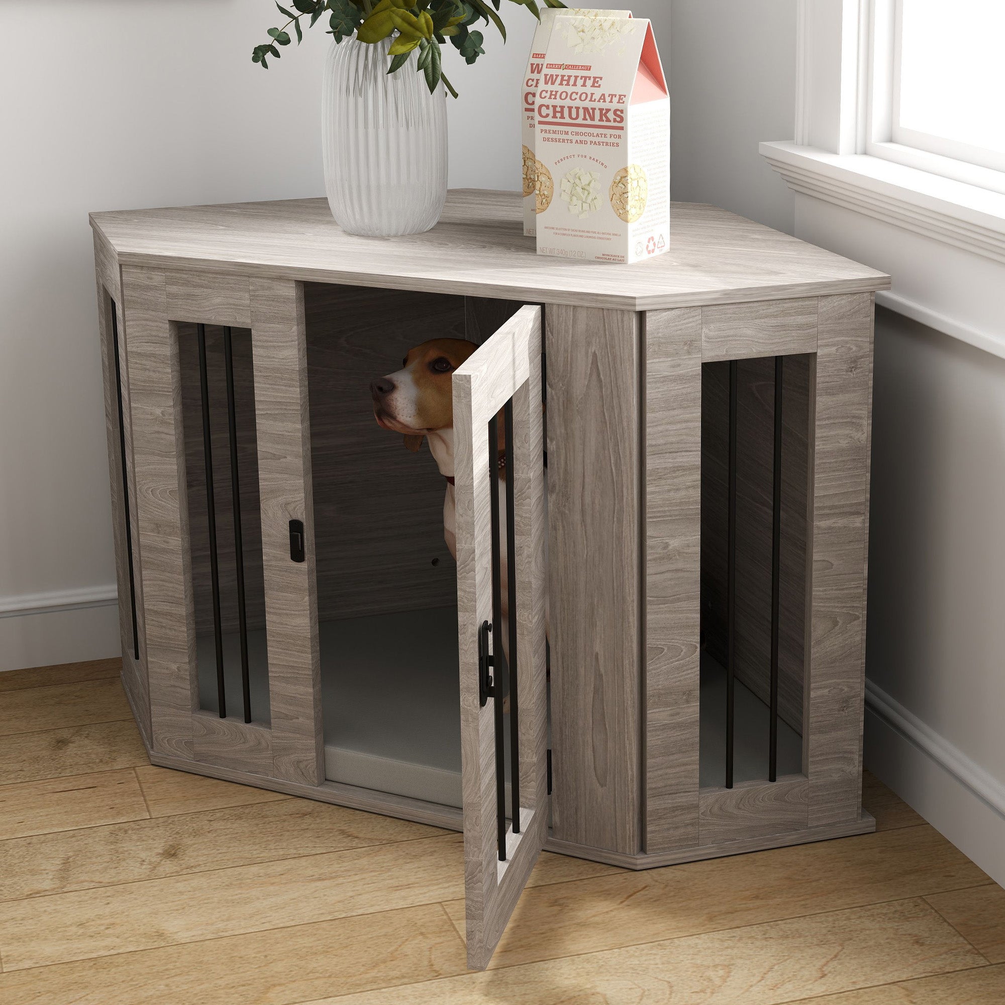 PawHut Dog Crate Furniture with Cushion, 41 Inch Corner Design Dog Crate End Table for Medium Dogs, Grey