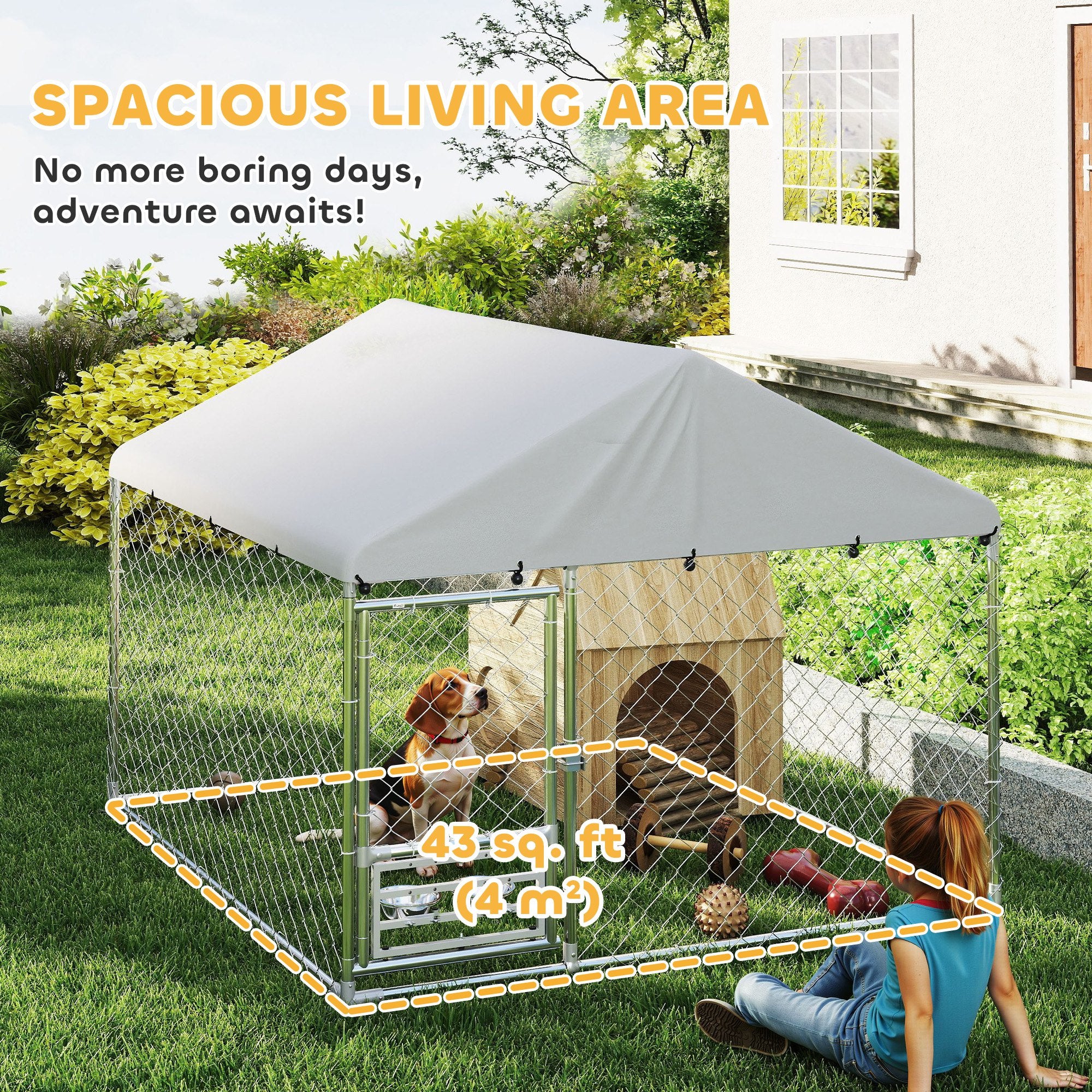 PawHut Outdoor Dog Run w/ Adjustable & Rotating Bowls, Waterproof UV-Resistant Cover, Secure Lock, 6.6' x 6.6' x 5.1'