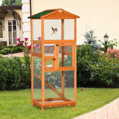 PawHut 65" Outdoor Wooden Birdcage Aviary with Pull Out Tray, Orange
