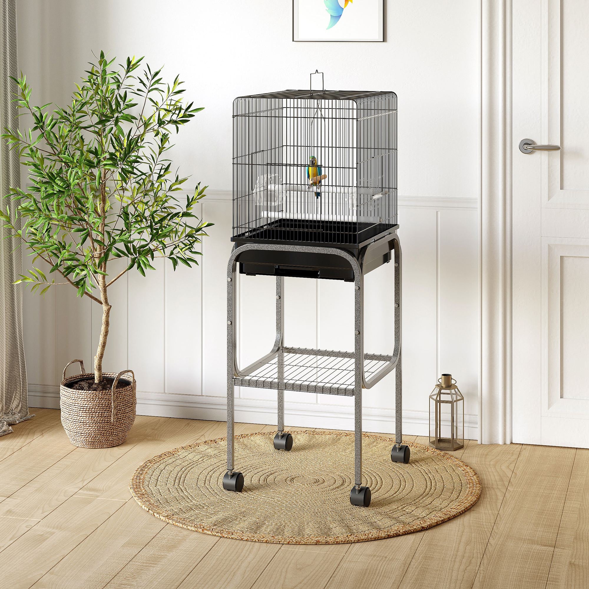 PawHut 44.5"H Metal Bird Cage Parrot Play Spot Stand with Wheel, Storage Shelf, Multi-doors - Black