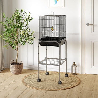 PawHut 44.5"H Metal Bird Cage Parrot Play Spot Stand with Wheel, Storage Shelf, Multi-doors - Black
