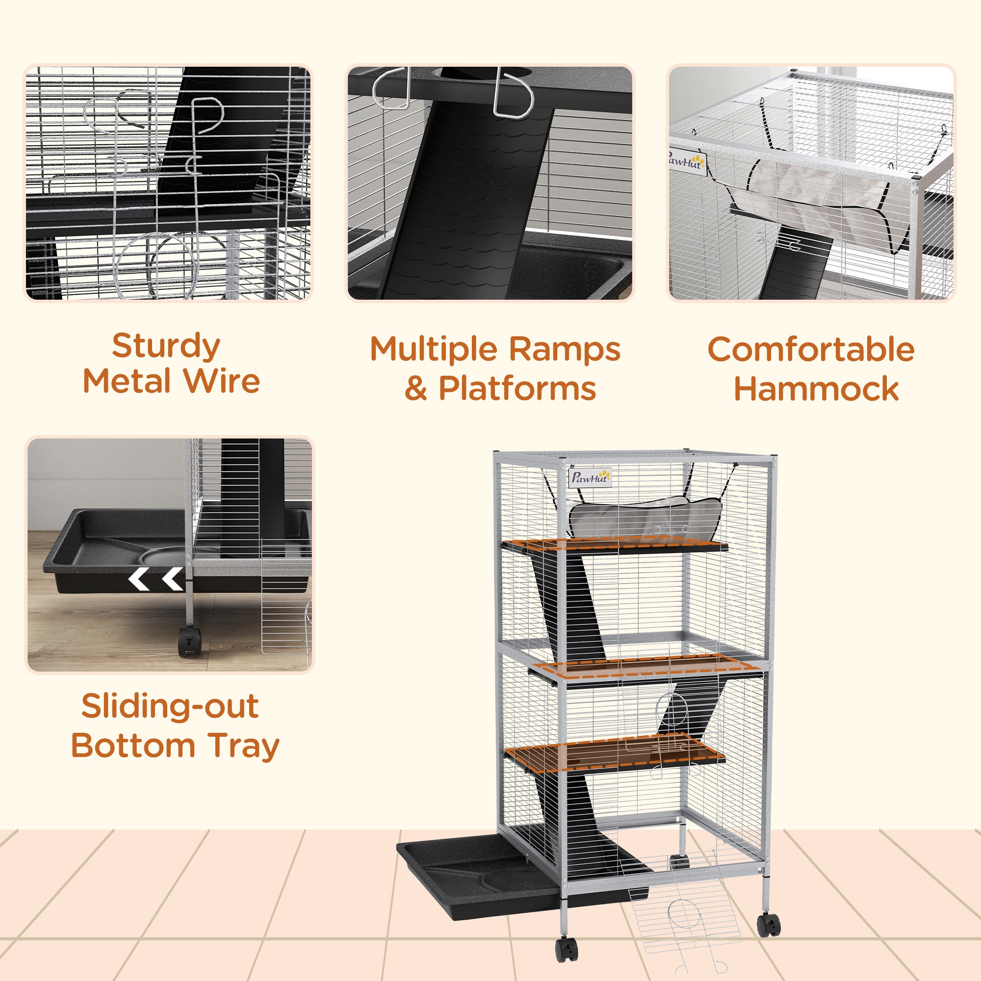 PawHut Steel Small Animal Cage for Guinea Pig, Ferret, Chinchilla, Kitten and Rabbit, Light Grey
