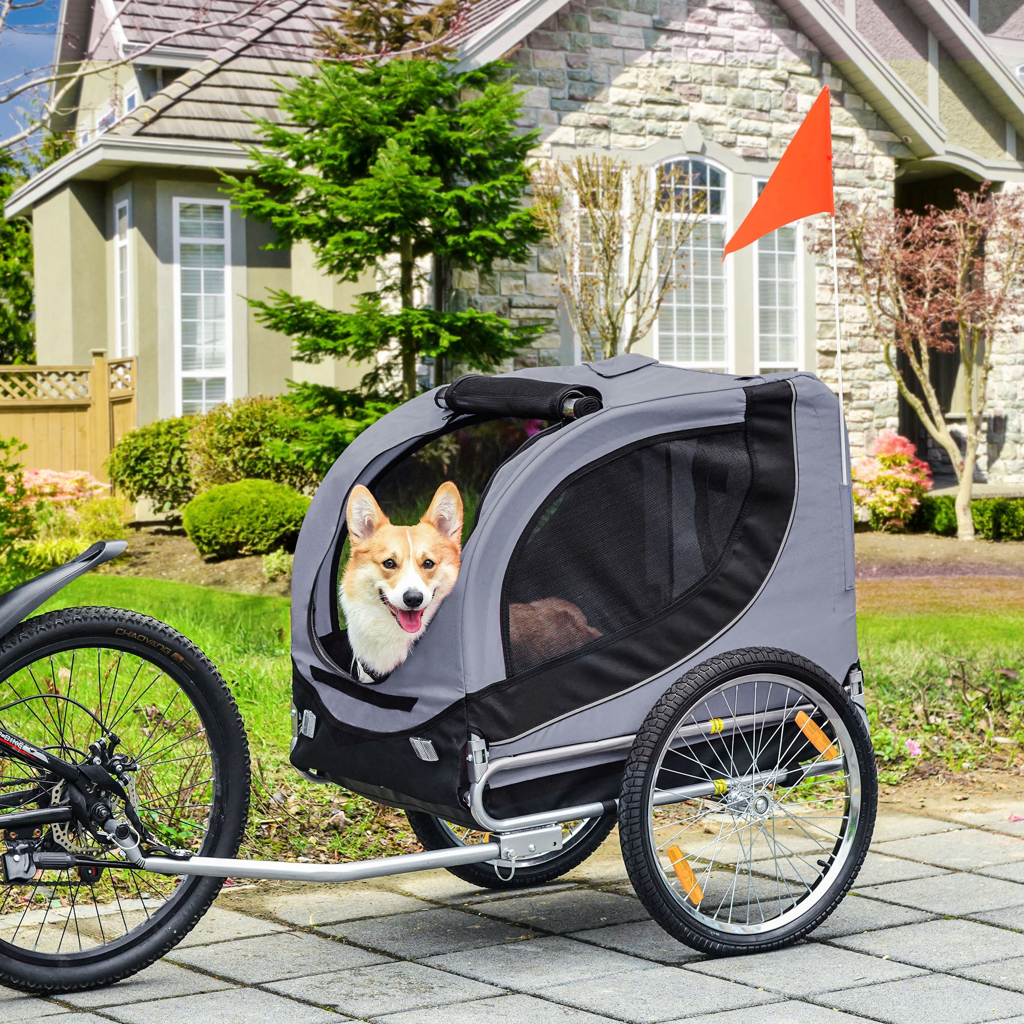 PawHut Dog Bike Trailer, Pet Cart, Bicycle Wagon, Travel Cargo, Carrier Attachment with Hitch, Foldable for Travelling, Grey