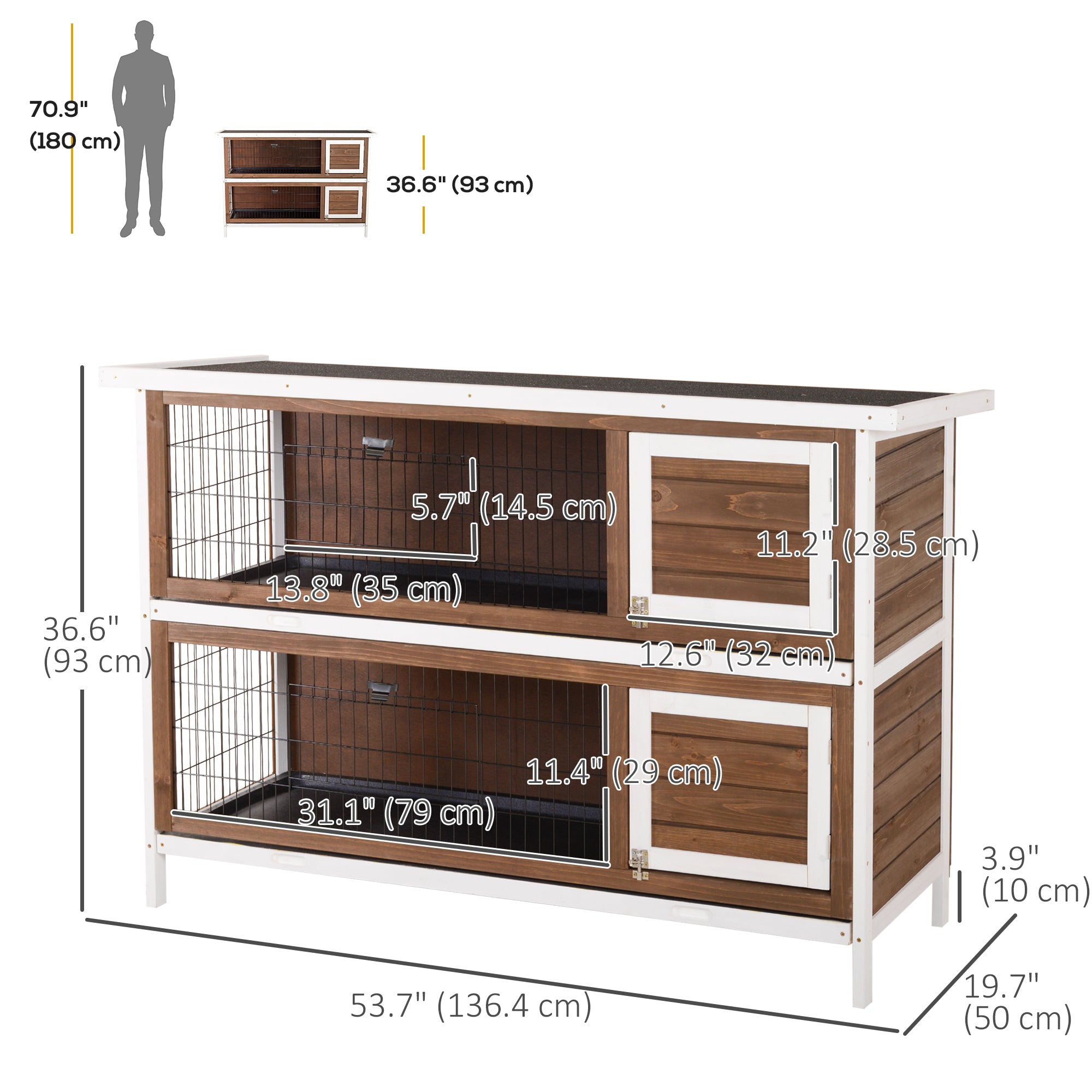 PawHut 2 Tier Wooden Rabbit Hutch Bunny Pet House Wooden Coop Run, Brown