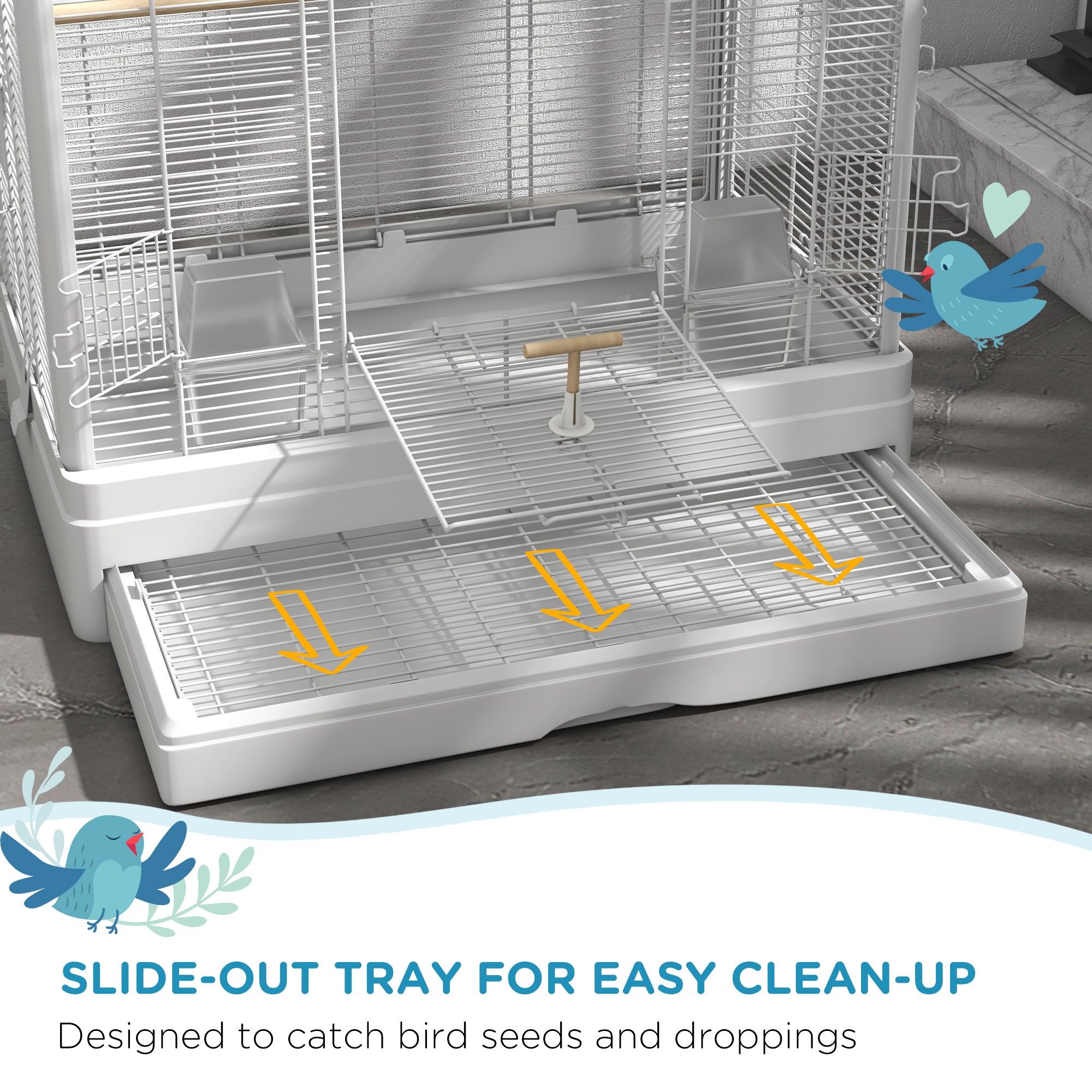 PawHut 39" Bird Cage for Budgie Finches Canaries Love Birds with Wooden Stands, Slide-Out Tray, Handles, Food Containers, White