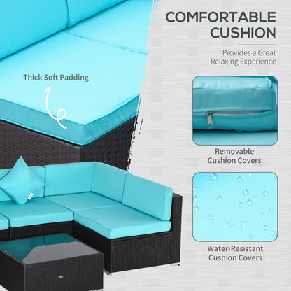 Outsunny 7 Pieces Patio Sofa Outdoor Wicker Sectional Patio Furniture, Deep Coffee & Light Blue