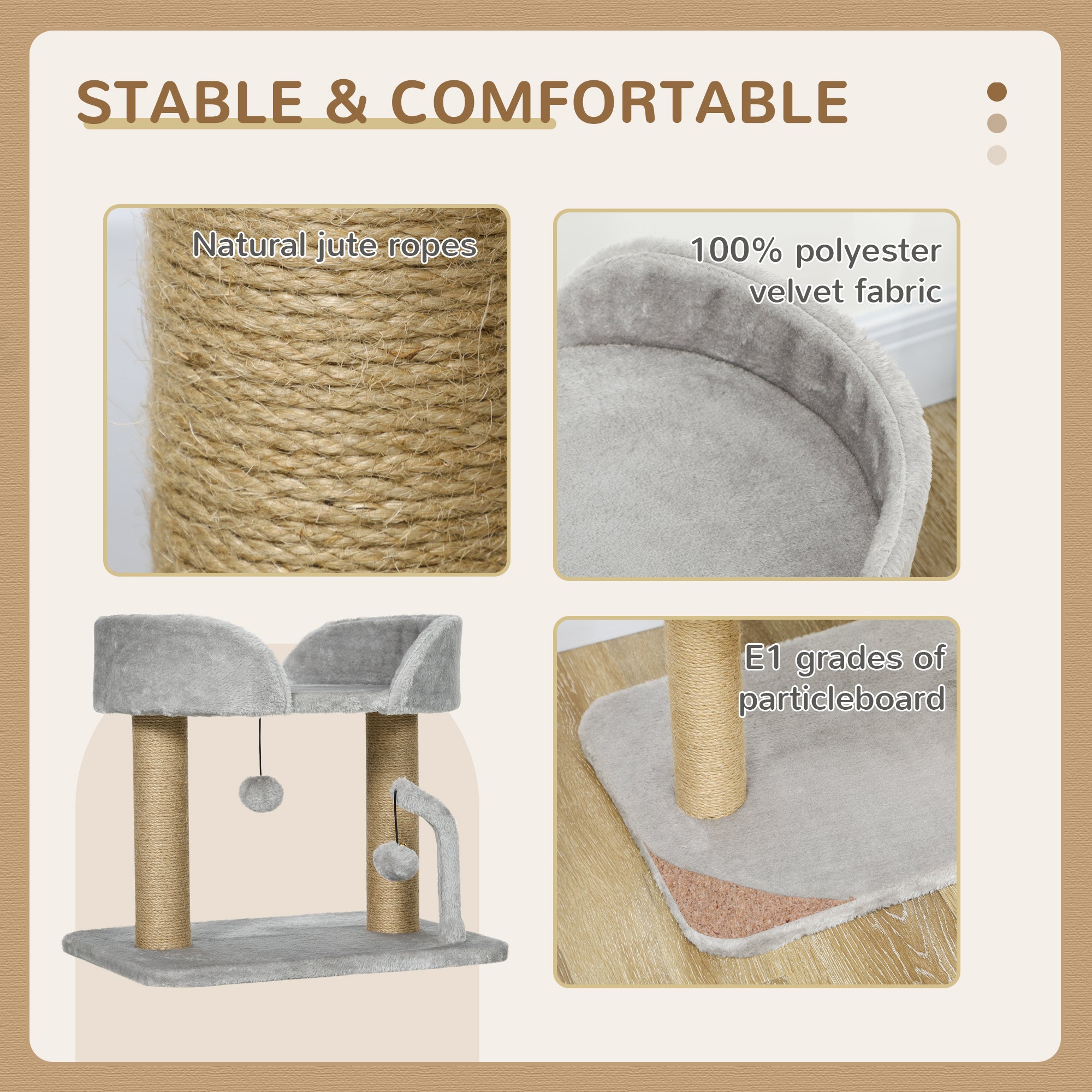 PawHut Cat Tower Condo for Indoor Cats, Small Cat Tree with Jute Scratching Posts, Top Perch, Dangling Balls, Light Grey