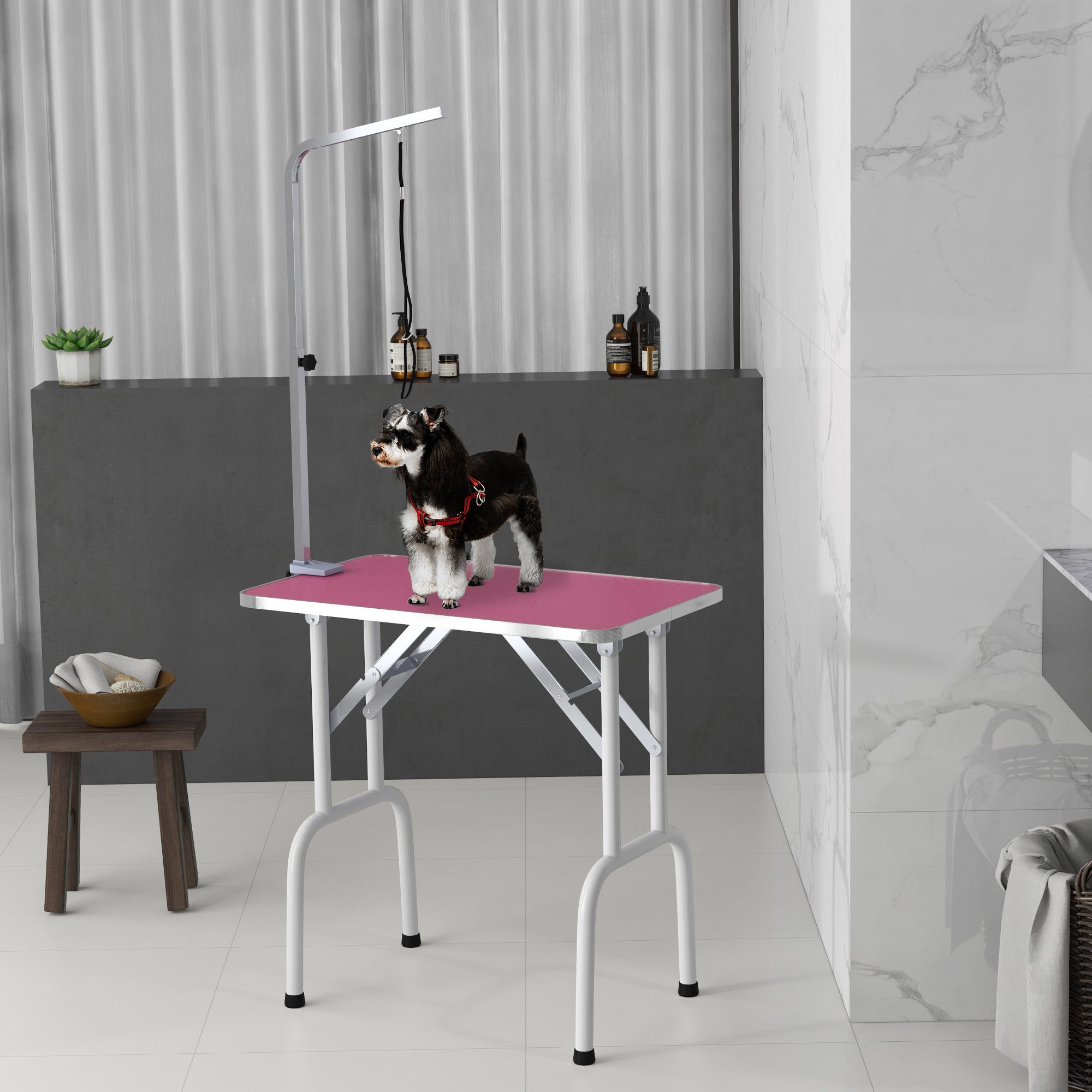 PawHut Foldable Pet Grooming Table for Dogs Cats with Adjustable Arm, Non-slip Surface, Pink