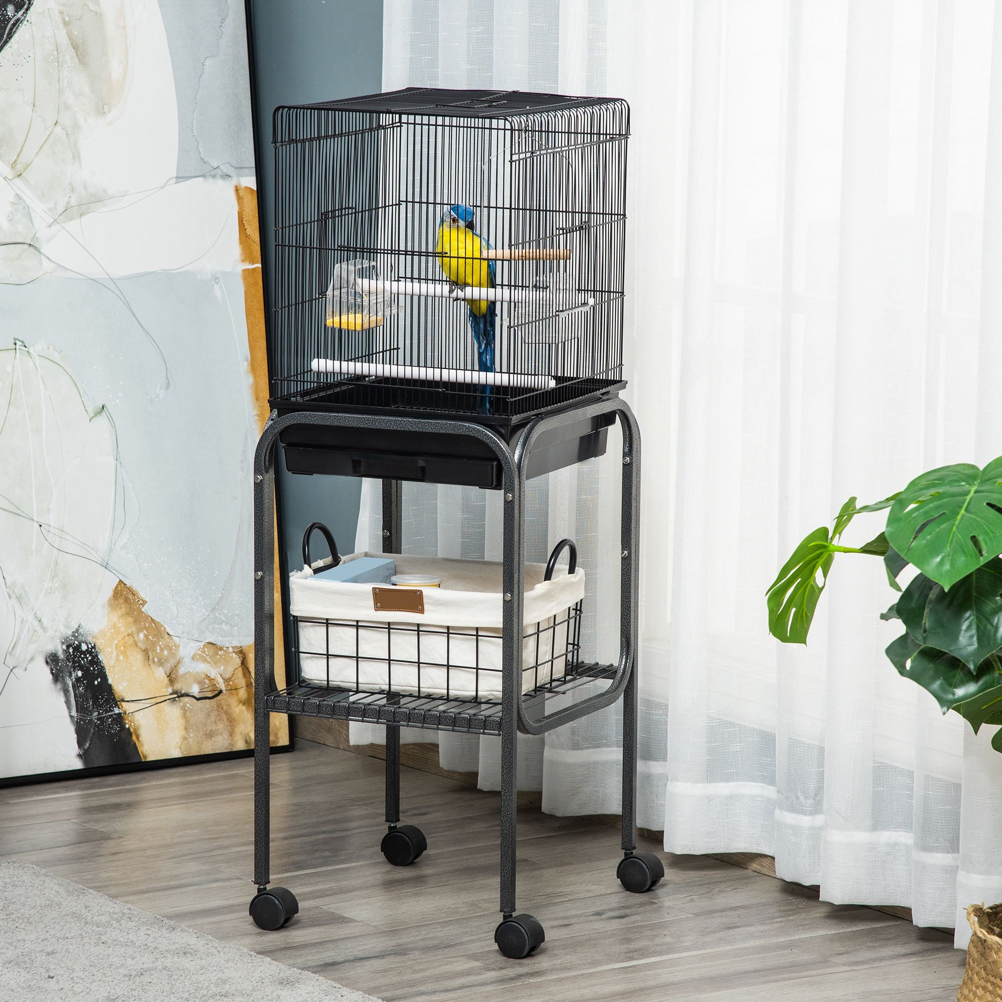 PawHut 44.5"H Metal Bird Cage Parrot Play Spot Stand with Wheel, Storage Shelf, Multi-doors - Black
