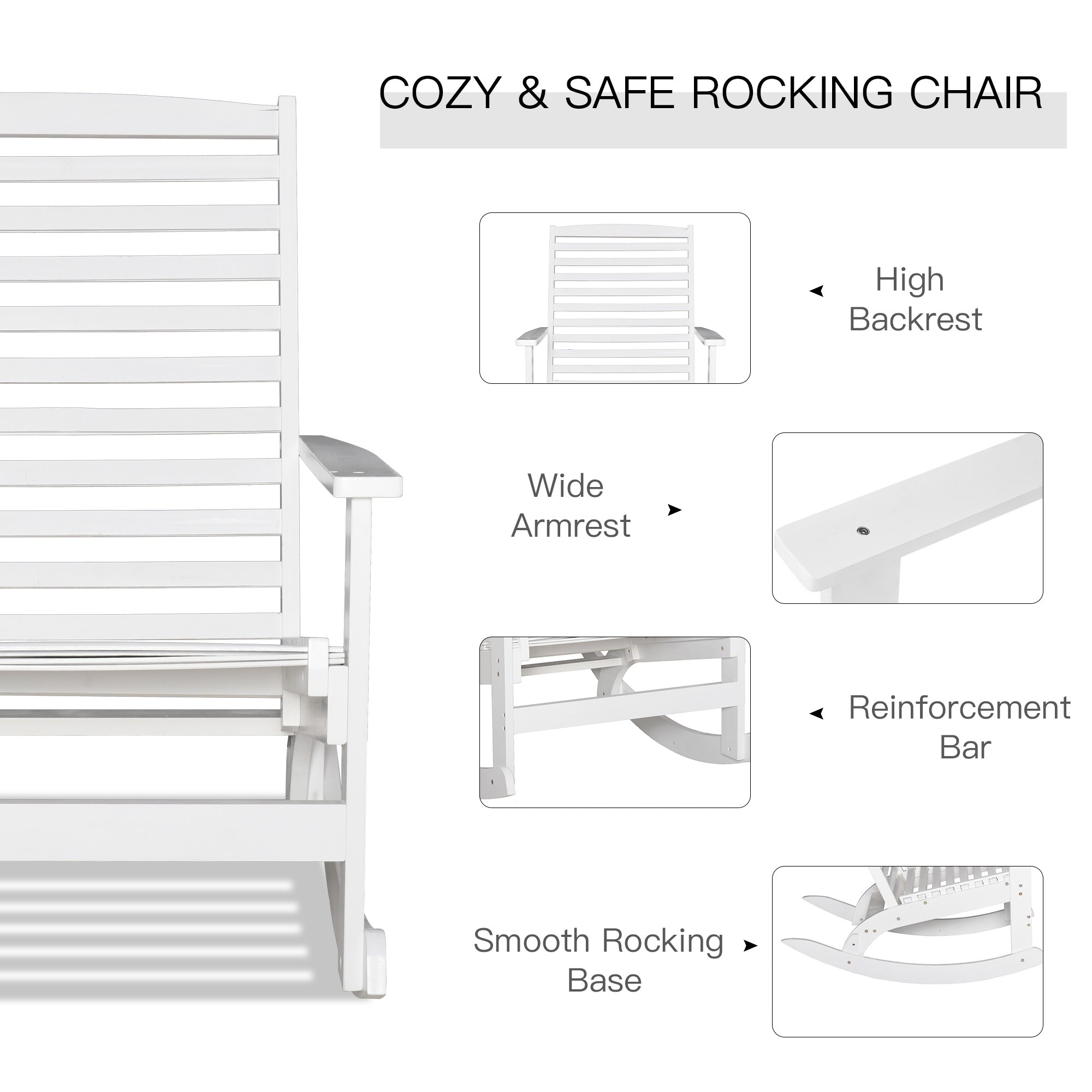 Outsunny Patio Rocking Chair Non-slip Porch Rocker for Balcony Garden Terrace Bamboo White