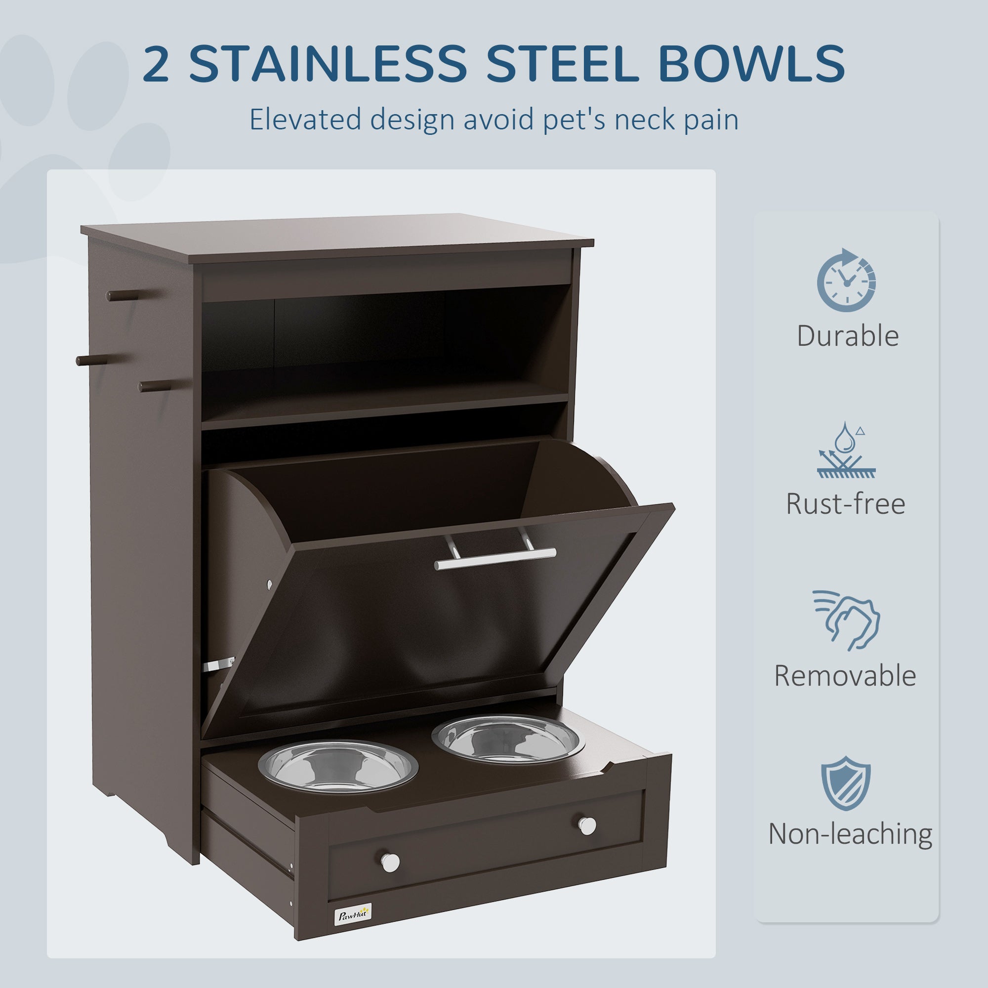 PawHut Pet Feeder Station Storage Cabinet, Dog Food Storage Container with Dog Raised Bowls, Watering Supplies, Coffee