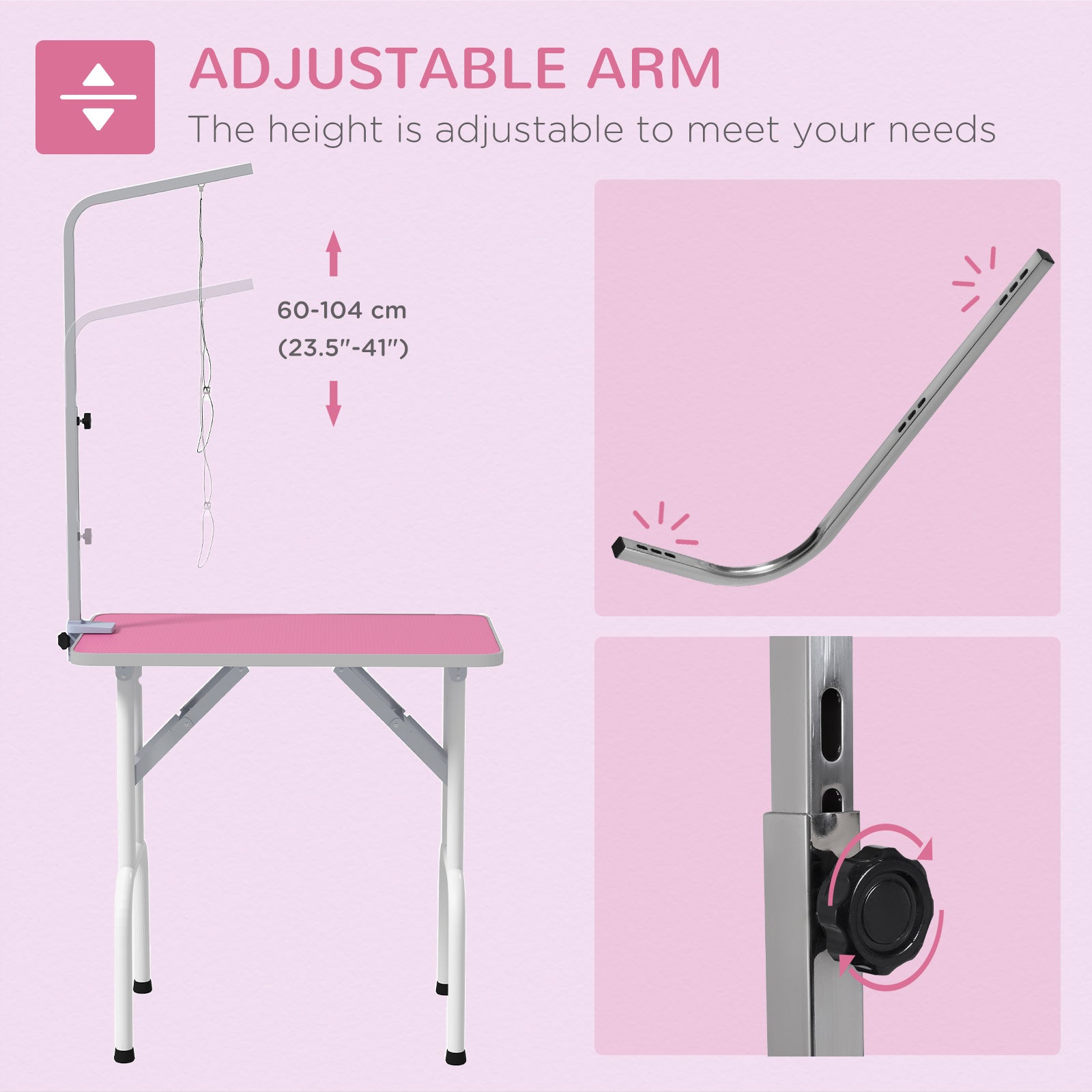 PawHut Foldable Pet Grooming Table for Dogs Cats with Adjustable Arm, Non-slip Surface, Pink
