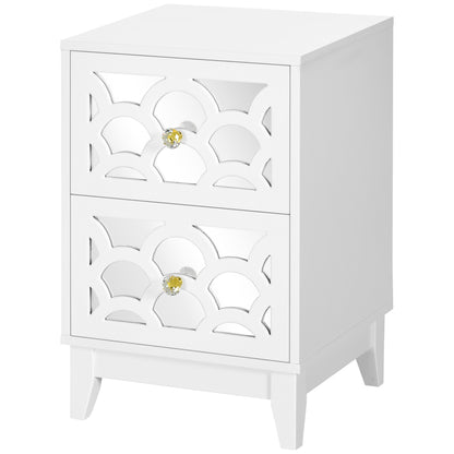 HOMCOM Modern Bedside Table, Side End Table with Drawers and Front Mirror, 15.4"x14.4"x23.6", White