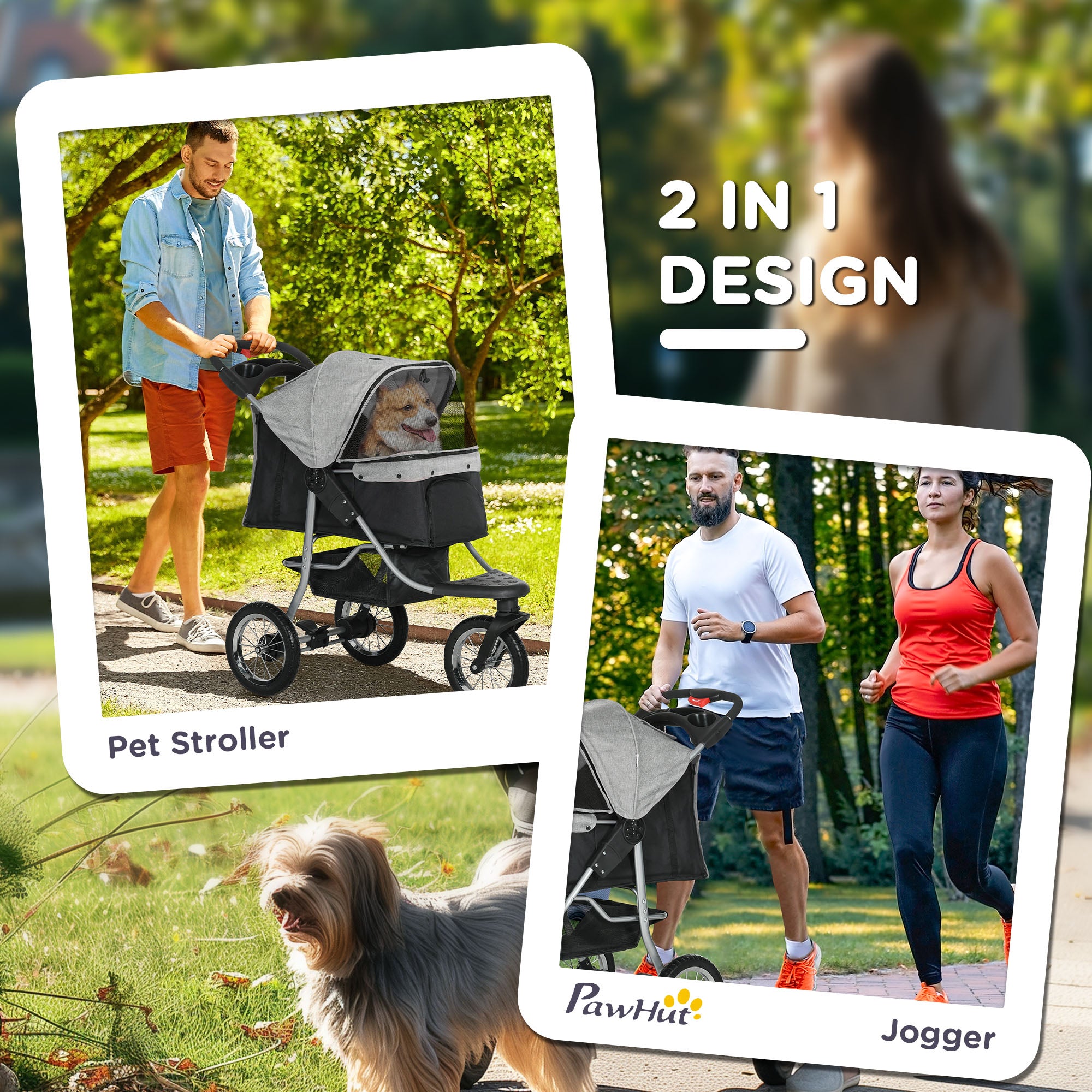 PawHut Pet Stroller with 3 Wheels, One-click Folding Design, Adjustable Canopy, Zippered Mesh Window Door, Grey