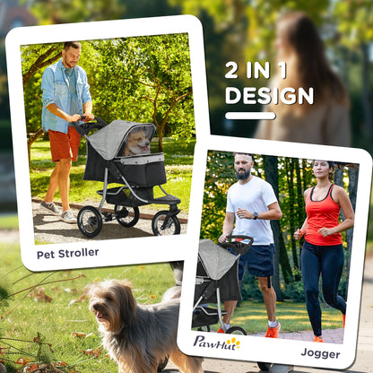 PawHut Pet Stroller with 3 Wheels, One-click Folding Design, Adjustable Canopy, Zippered Mesh Window Door, Grey