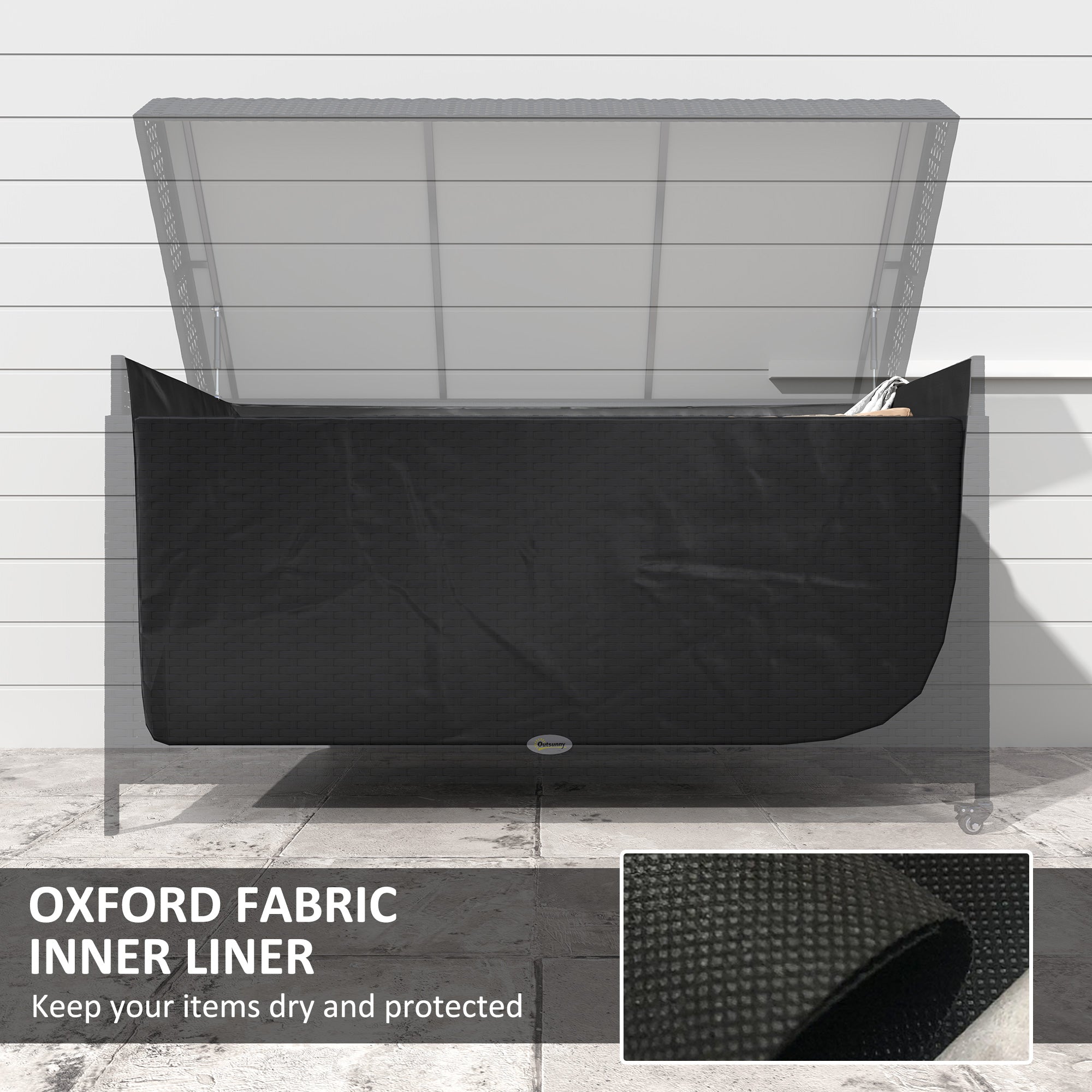Outsunny 165 Gallon Deck Box, Wicker Outdoor Patio Storage Box with Waterproof Liner, Gas Strut and Universal Wheels, Black
