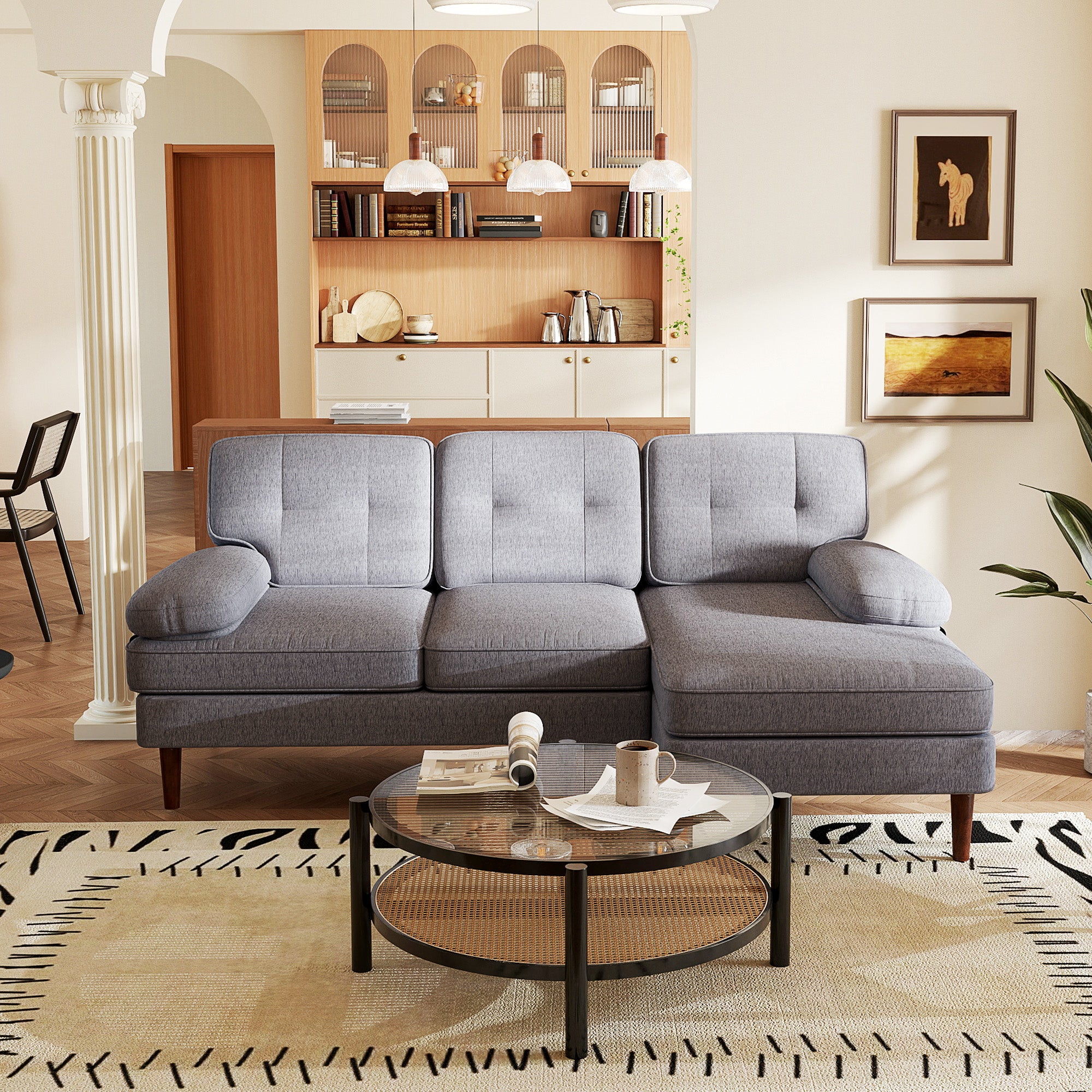 HOMCOM Modern Corner Couch with Right Chaise Lounge, Tufted 3-Seater Sofa with Wooden Legs for Living Room, Bedroom, Grey
