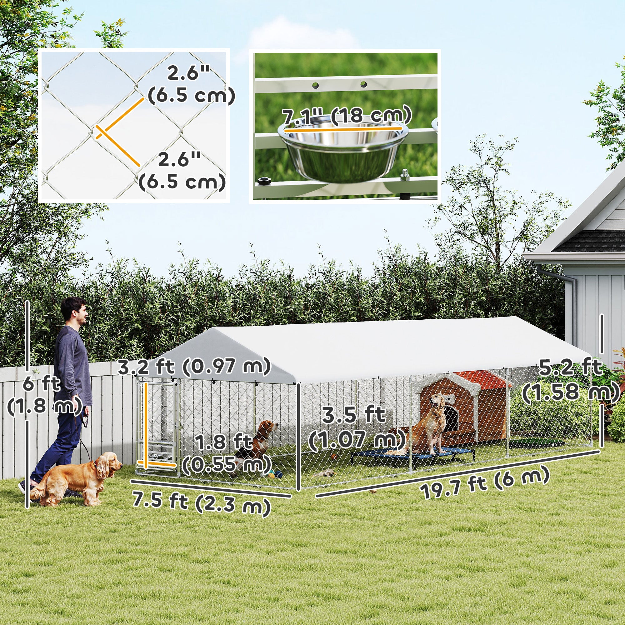 PawHut Outdoor Dog Run w/ Adjustable & Rotating Bowls, Waterproof UV-Resistant Cover, Secure Lock, 19.7' x 7.5' x 5.2'