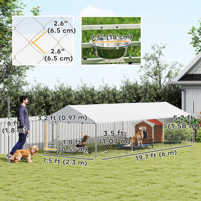 PawHut Outdoor Dog Run w/ Adjustable & Rotating Bowls, Waterproof UV-Resistant Cover, Secure Lock, 19.7' x 7.5' x 5.2'