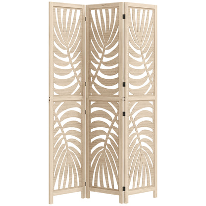 HOMCOM 3 Panel Room Divider, Detachable Folding Privacy Screens with Palm Leaf Design for Home Office, Natural Wood Finish
