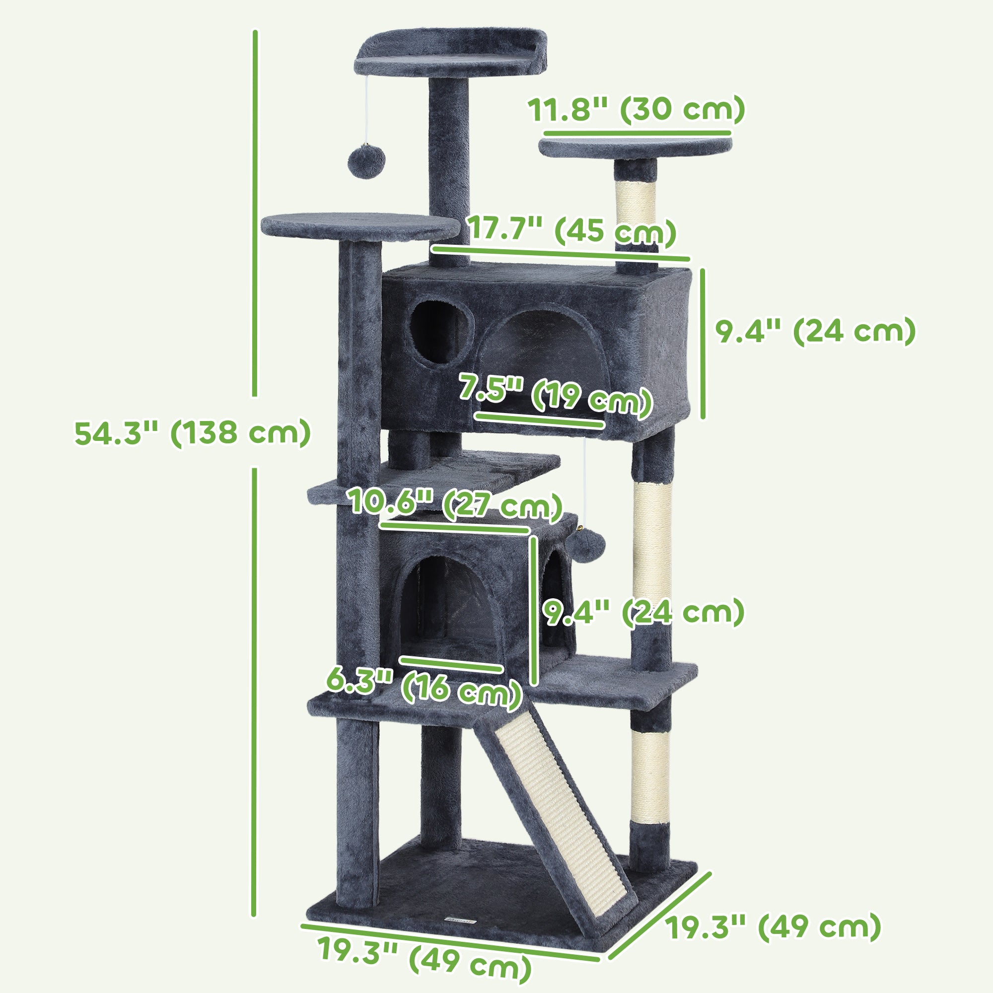 PawHut 54" Cat Tree, Multi-Level Cat Tower with Scratching Posts, Cat Condos, Bed, Platforms, Ramp, Toy Ball, Dark Grey