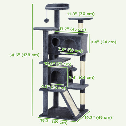 PawHut 54" Cat Tree, Multi-Level Cat Tower with Scratching Posts, Cat Condos, Bed, Platforms, Ramp, Toy Ball, Dark Grey