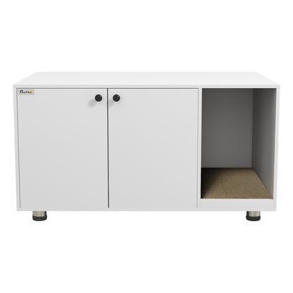 PawHut Litter Box Furniture Hidden Cat Washroom Furniture with Double Doors and Scratching Pad, White
