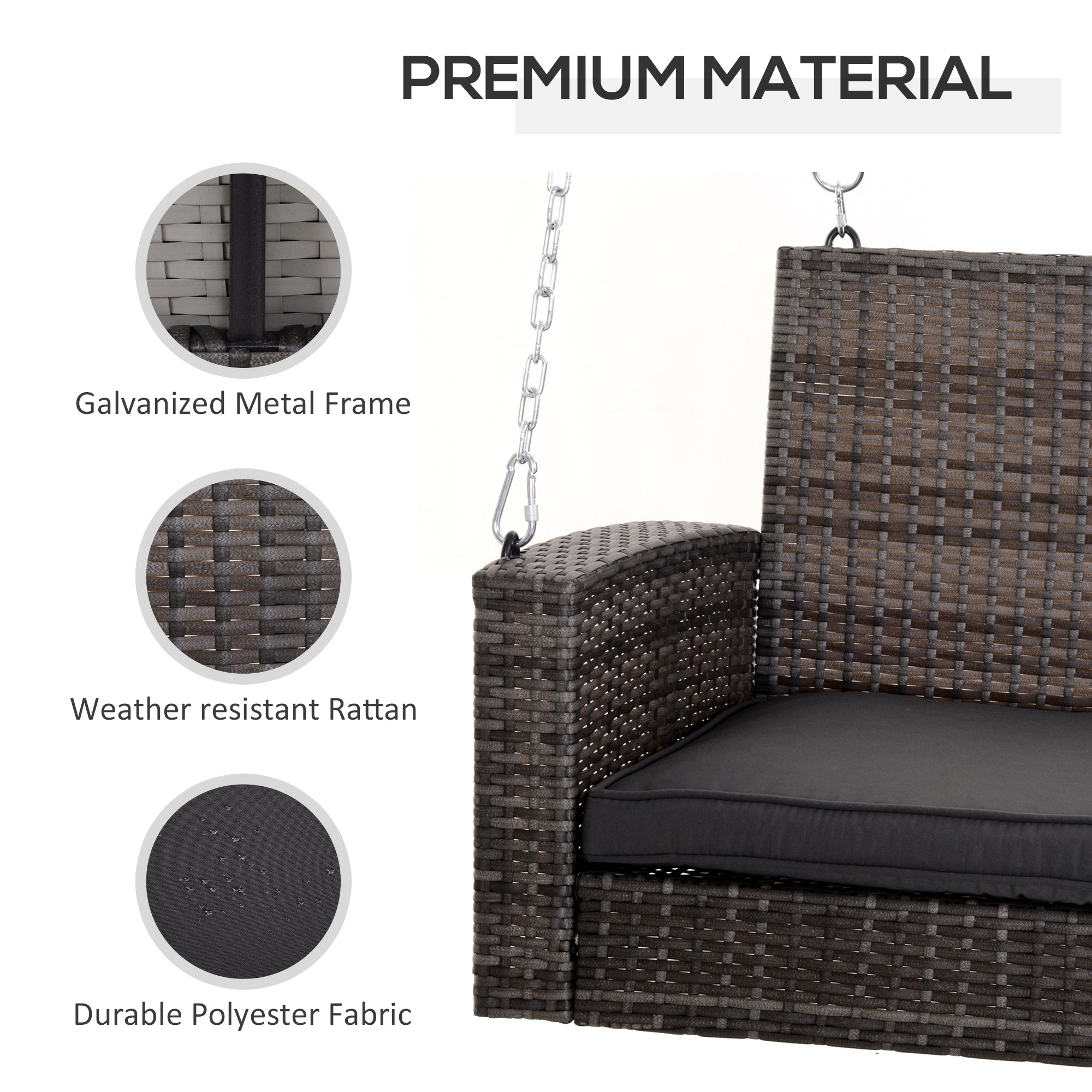 Outsunny 2-Person Patio Porch Swing Chair, Outdoor Rattan Hanging Bench with Cushion & 7.2 ft Steel Chains, Grey