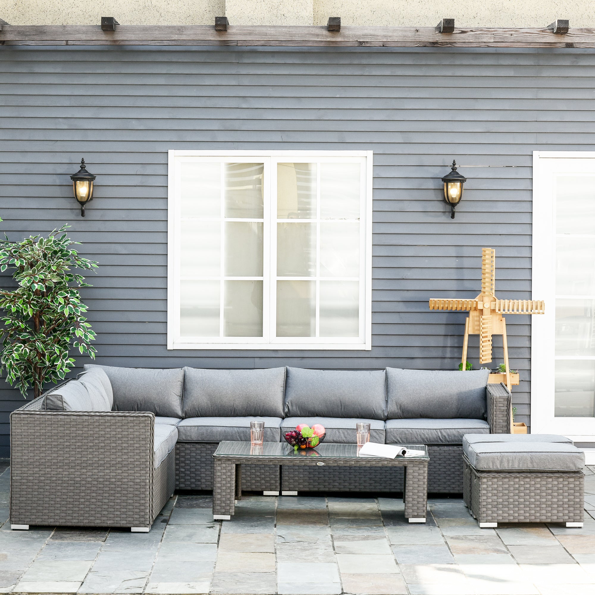 Outsunny 6 PCs Rattan Corner Sofa Set Outdoor Conservatory Furniture Grey