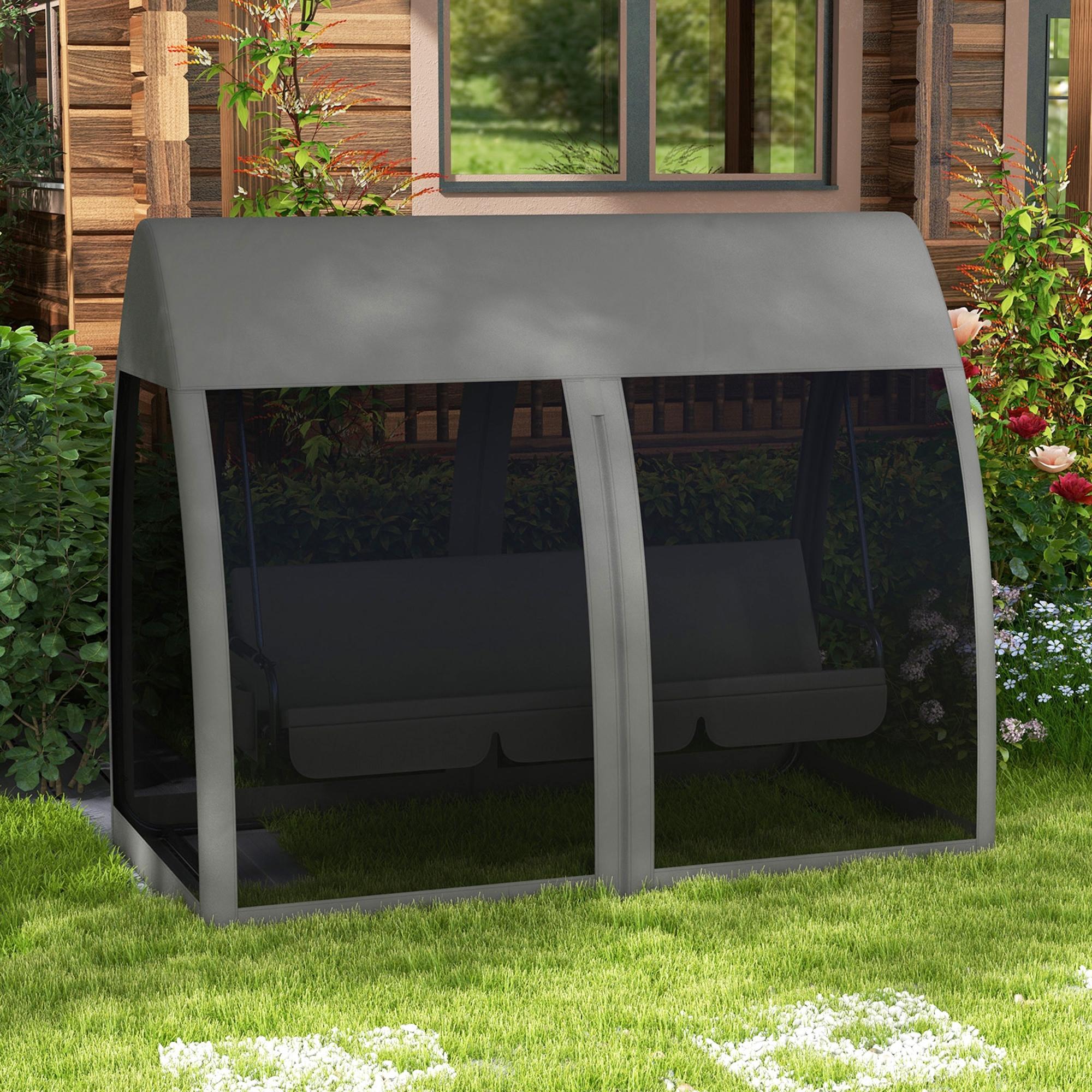 Outsunny 3-Seater Outdoor Swing Chair Chaise Lounger Bed Garden Hammock with Steel Stand, Canopy Netting Walls, Dark Grey
