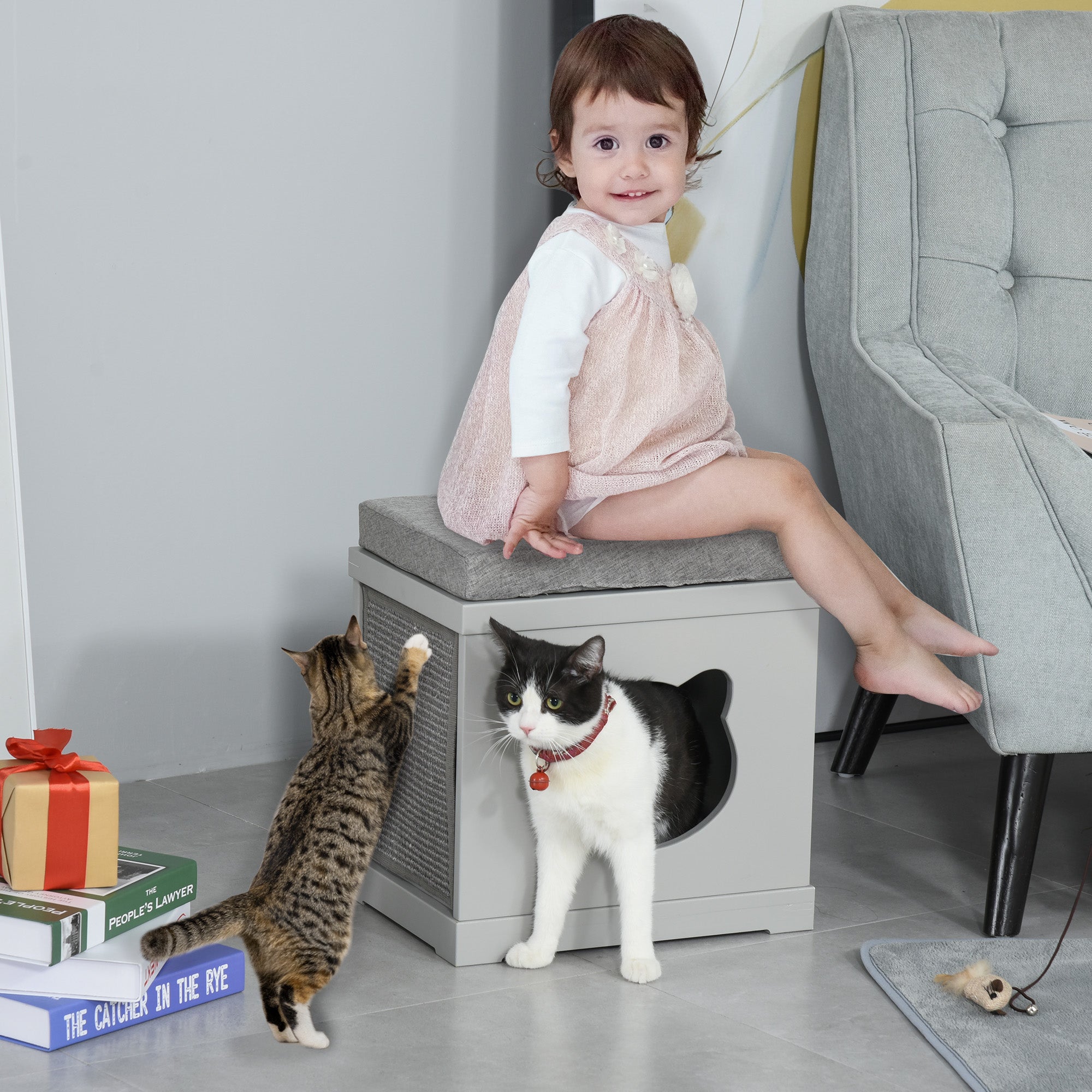PawHut Indoor Cat Bed with 2 Exterior Scratching Boards, Cat Cube House with Removeable Cushions, 16" L x 12" W x 14" H, Grey