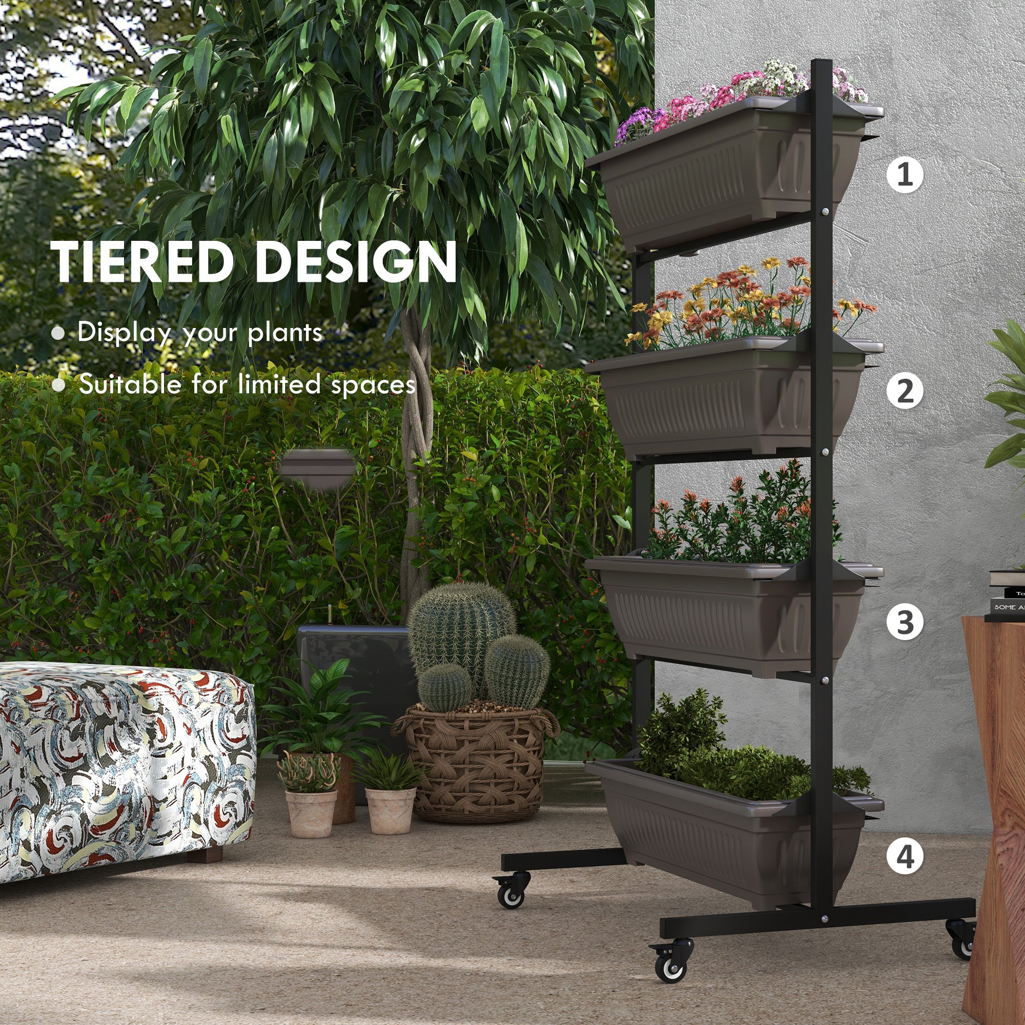 Outsunny 4-Tier Vertical Raised Garden Planter with 4 Boxes, Wheels, Outdoor Plant Stand for Vegetable Flowers, Brown