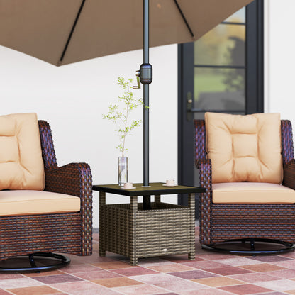 Outsunny 22" Square Steel PE Rattan Wicker Table With Umbrella Hole, Outdoor Patio Accent Dining Side Table Used as Umbrella Stand, Mixed-Grey
