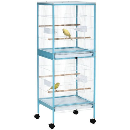 PawHut 55.1" 2 In 1 Bird Cage Aviary Parakeet House for finches, budgies with Wheels, Slide-out Trays, Wood Perch, Food Containers, Light Blue