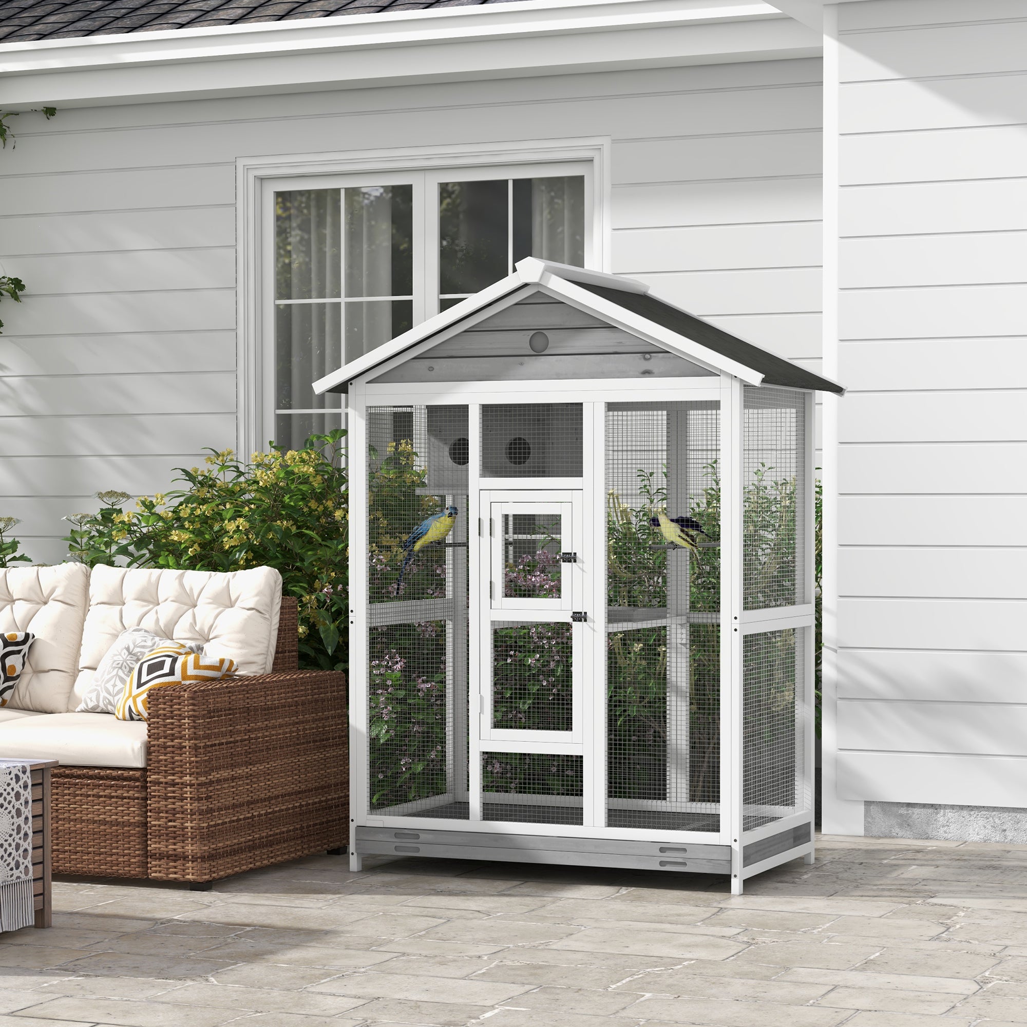 PawHut 65" Bird Cage Large 2 Doors Wooden Aviary for Canary with Standing Pole Nest Slide-out Tray, for Indoor Outdoor, Grey