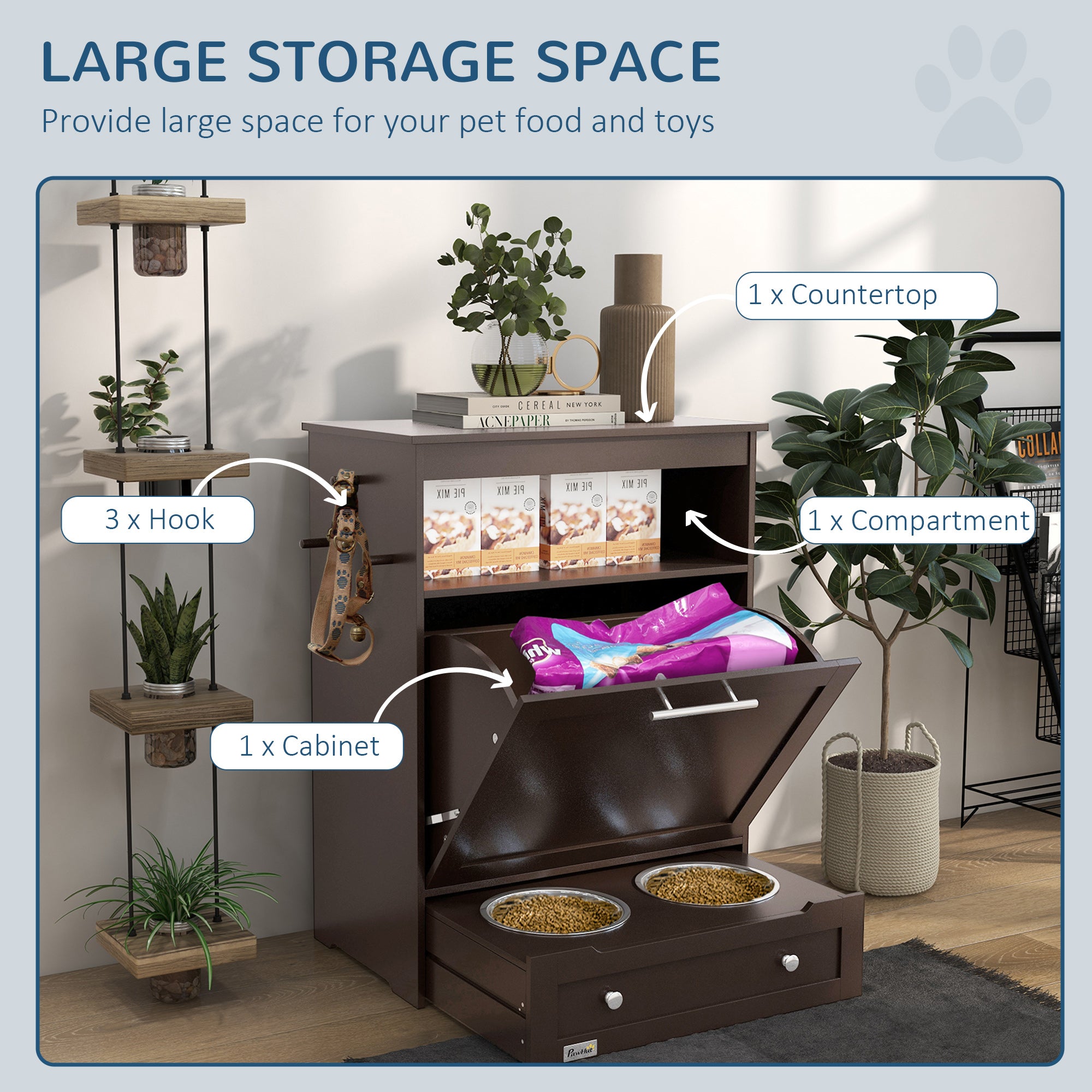 PawHut Pet Feeder Station Storage Cabinet, Dog Food Storage Container with Dog Raised Bowls, Watering Supplies, Coffee