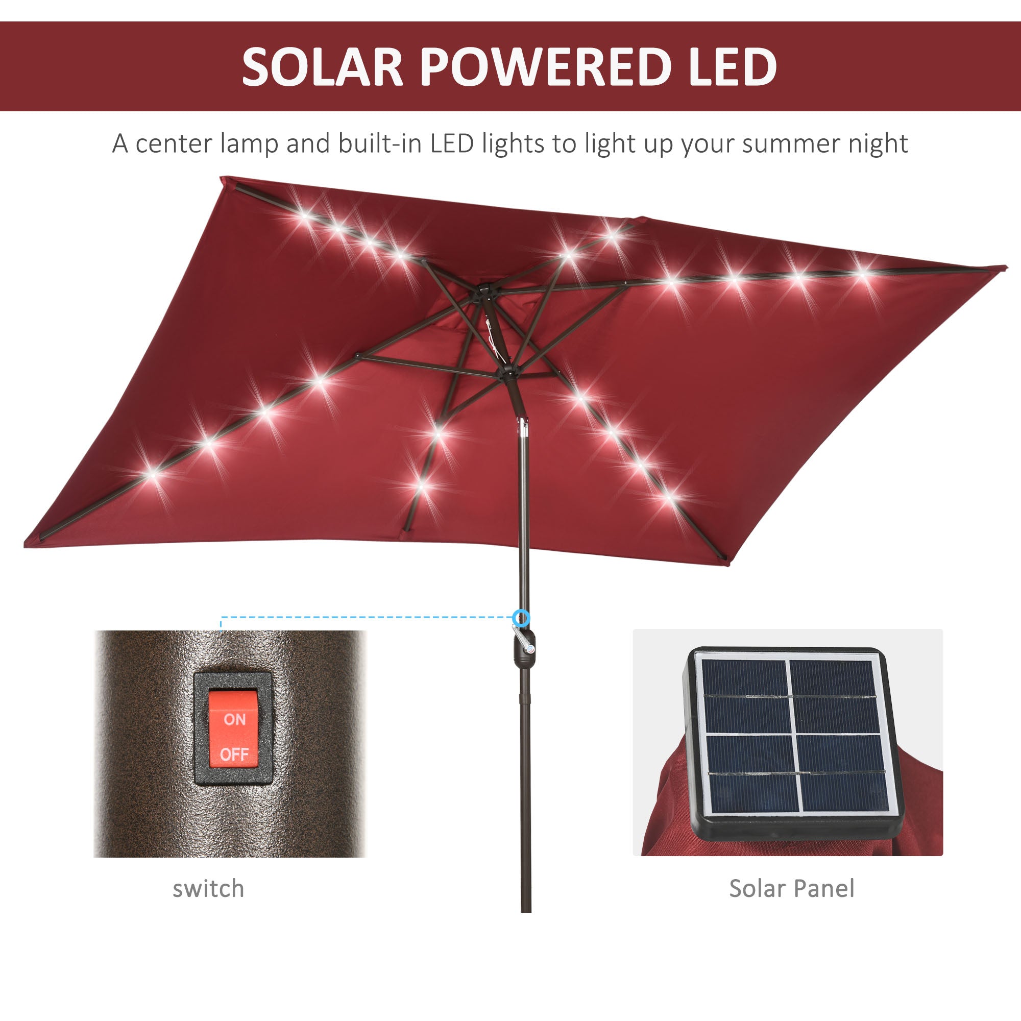 Outsunny 6.5x10ft Patio Umbrella Rectangle Solar Powered Tilt Aluminum Outdoor Market Parasol with LEDs Crank (Wine Red)