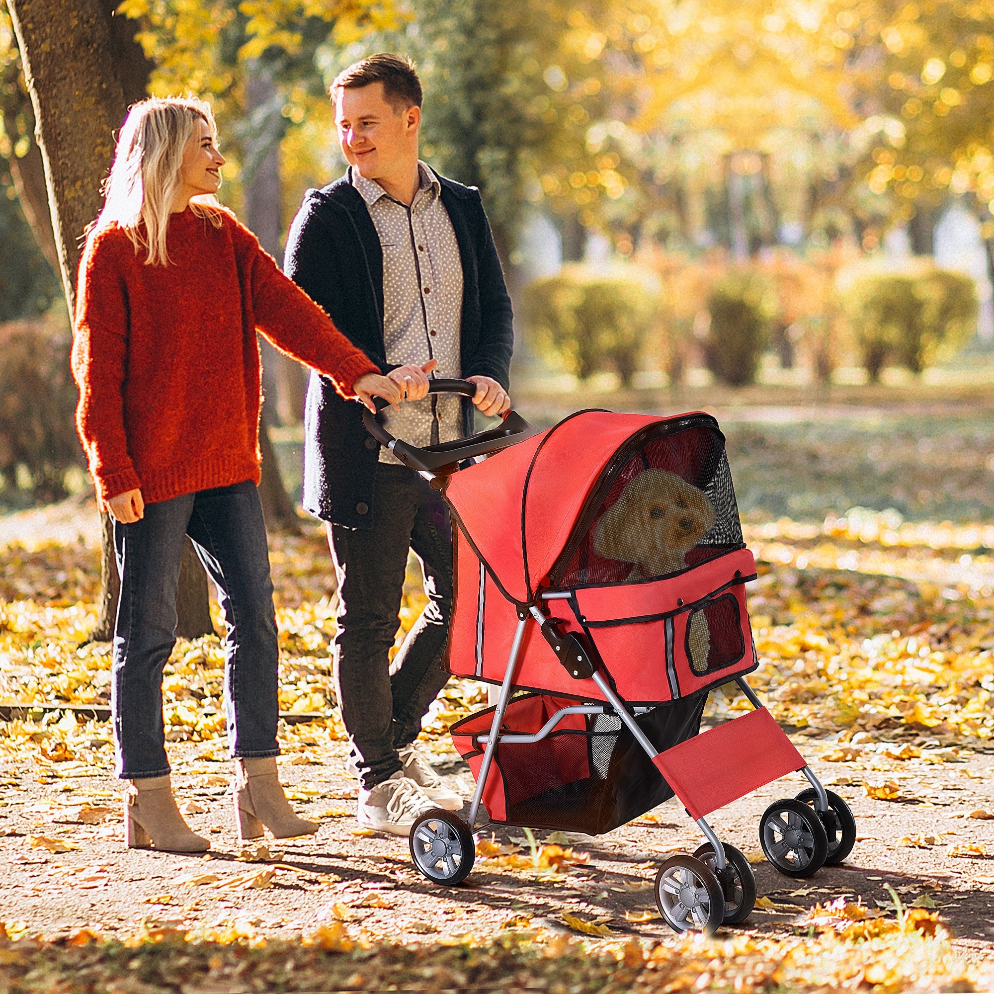 PawHut 4 Wheel Dog Pet Stroller Dog Cat Carrier Folding Sunshade Canopy with Brake, Red