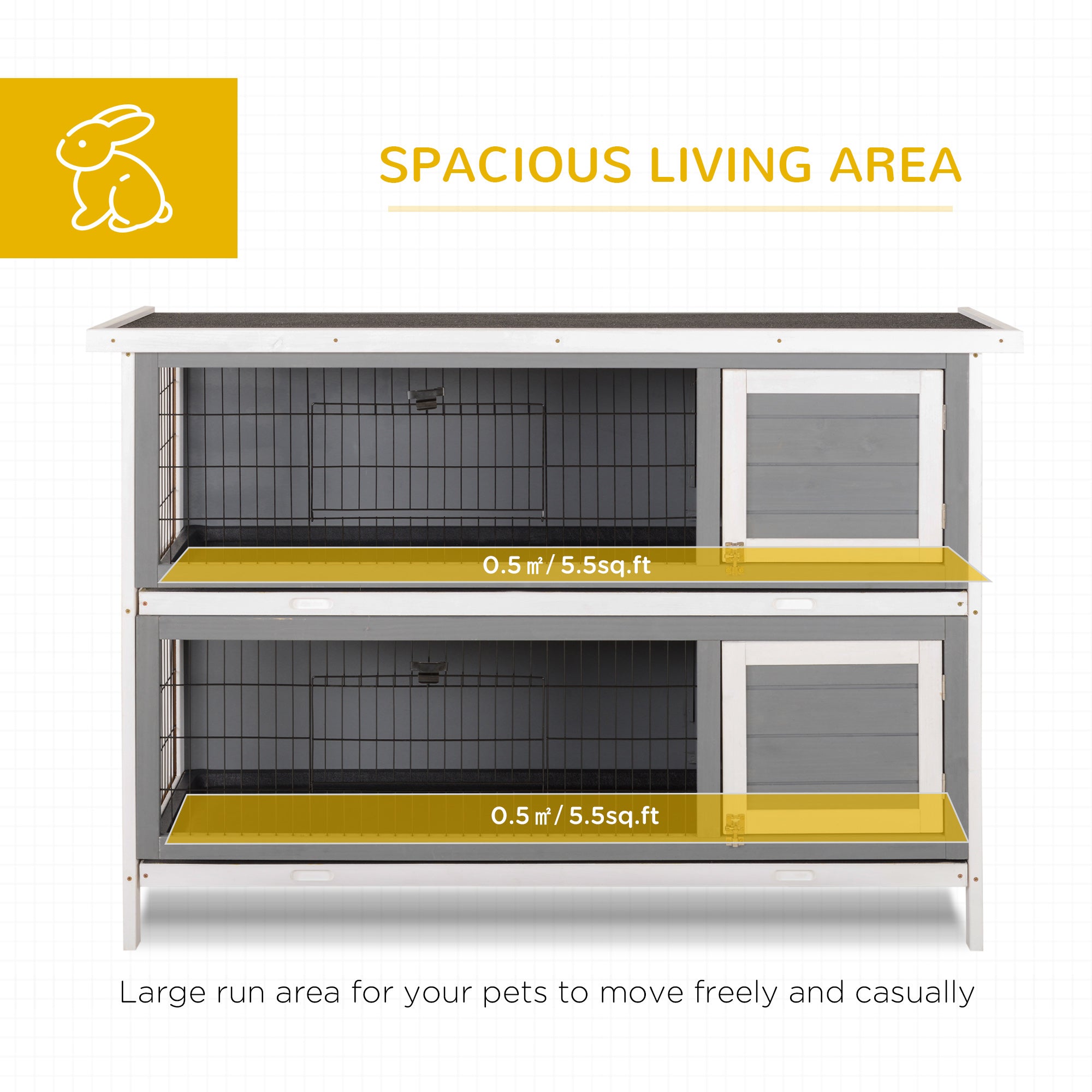 PawHut 2 Tier Wooden Rabbit Hutch Bunny Pet House Wooden Coop Run, Grey