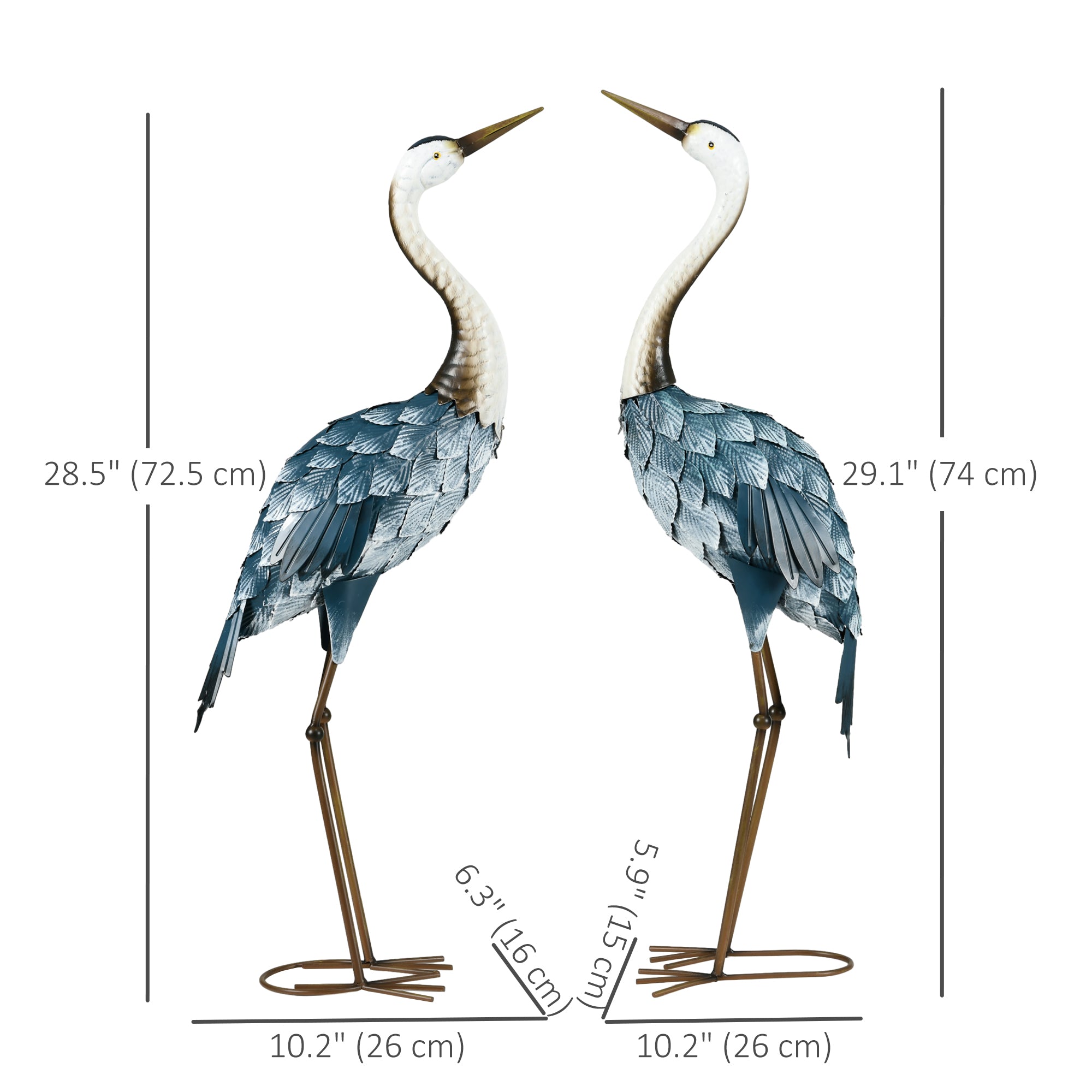 Outsunny Set of 2 Garden Sculptures Crane Statues Lawn Patio Backyard Ornaments, 28.5"-29.1", Blue
