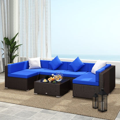 Outsunny 7 Pieces Outdoor Rattan Furniture Set, Patio Wicker Sectional Conversation Sofa Set, Blue
