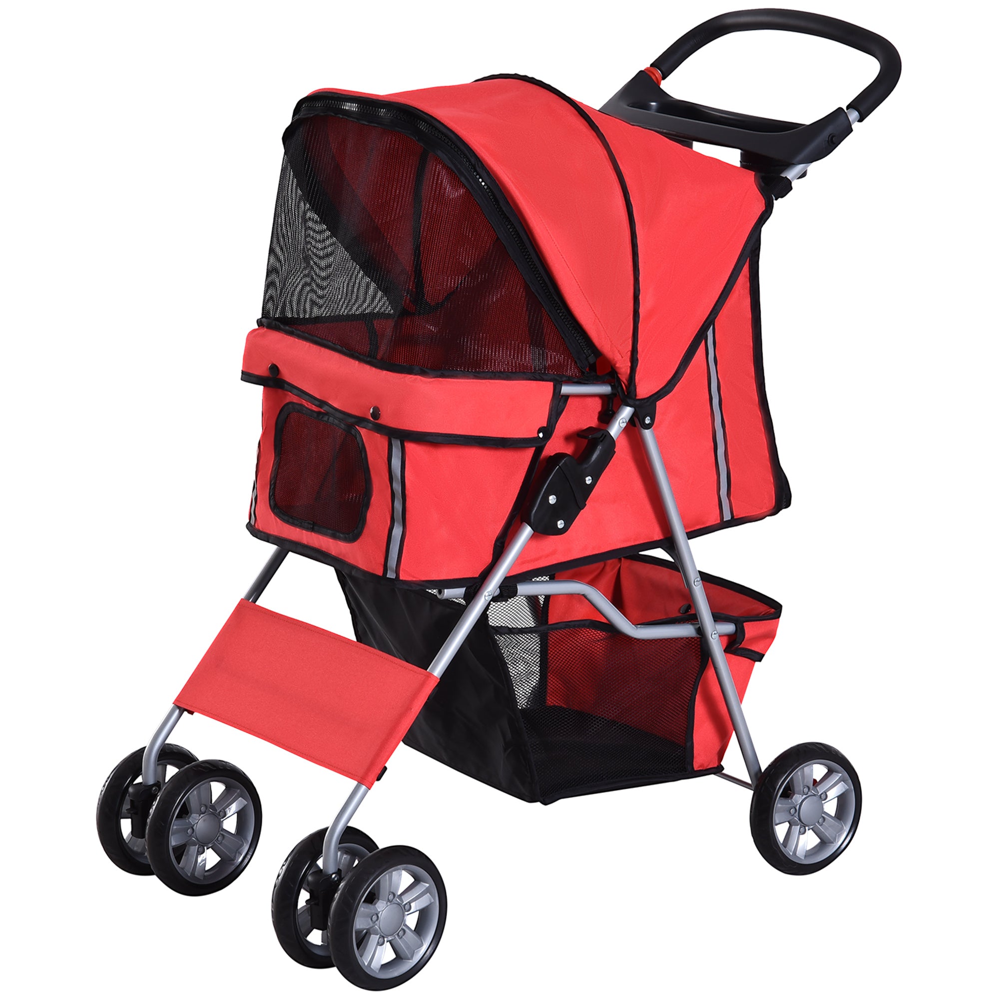 PawHut 4 Wheel Dog Pet Stroller Dog Cat Carrier Folding Sunshade Canopy with Brake, Red