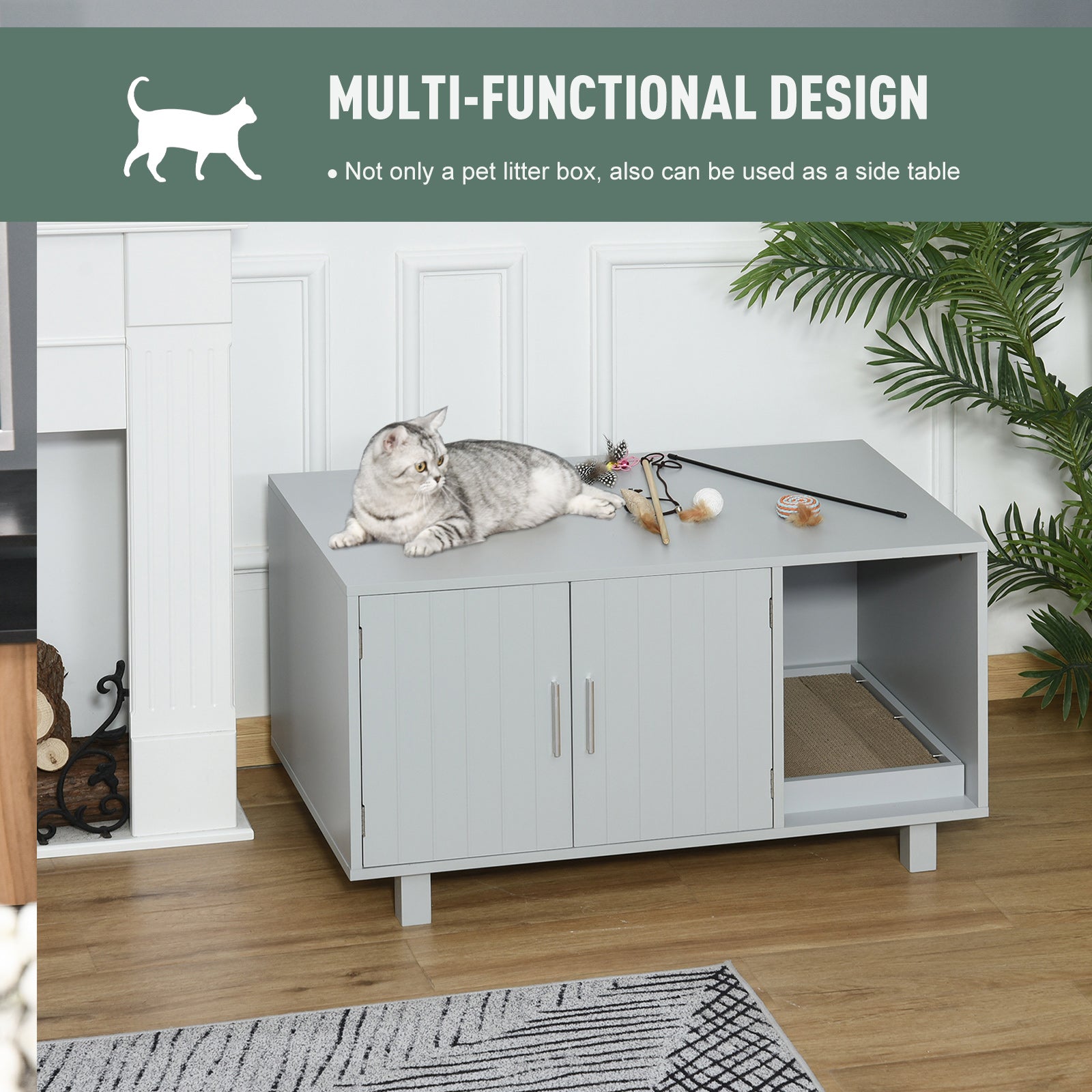 PawHut Wooden Cat Washroom Pet Litter Box Enclosure Kitten House Nightstand End Table with Scratcher Magnetic Doors Grey