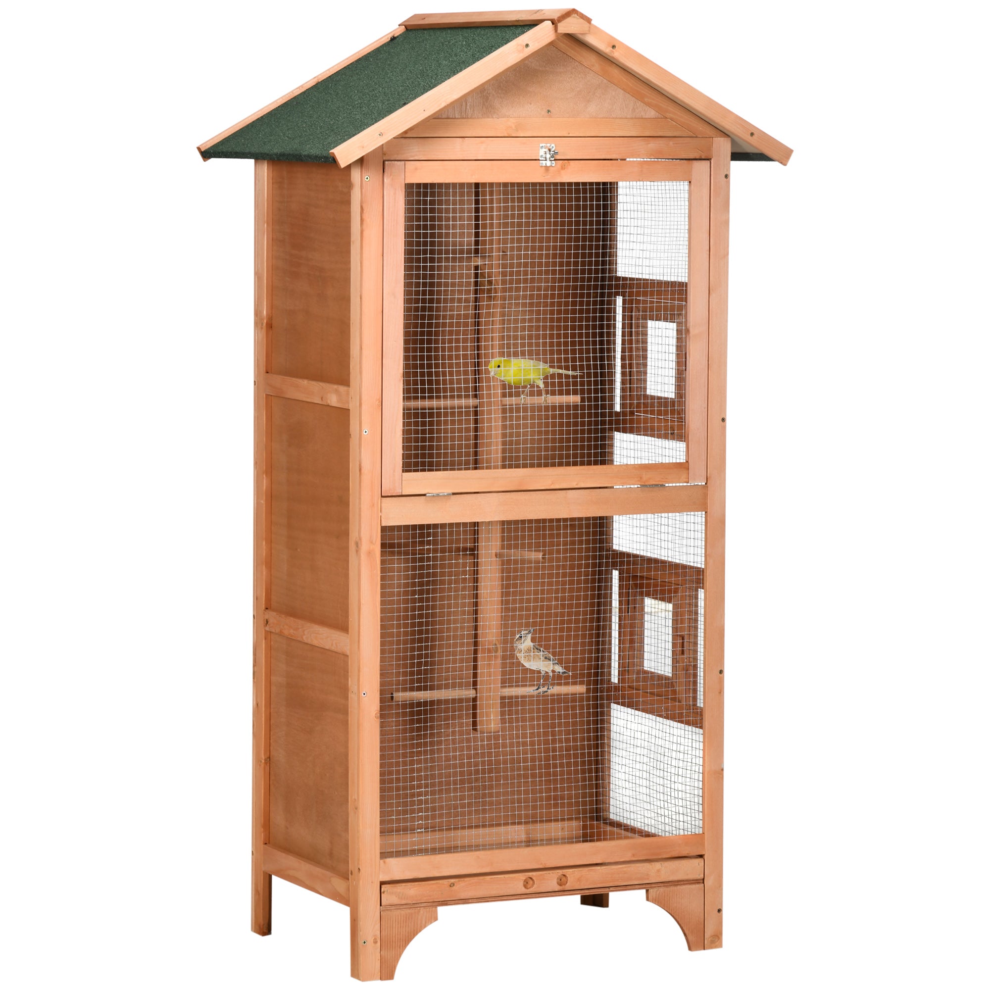 PawHut Wooden Bird Aviary Parrot Cage Pet Furniture with Removable Bottom Tray, 2 Doors, Asphalt Roof, 4 Perches, Brown