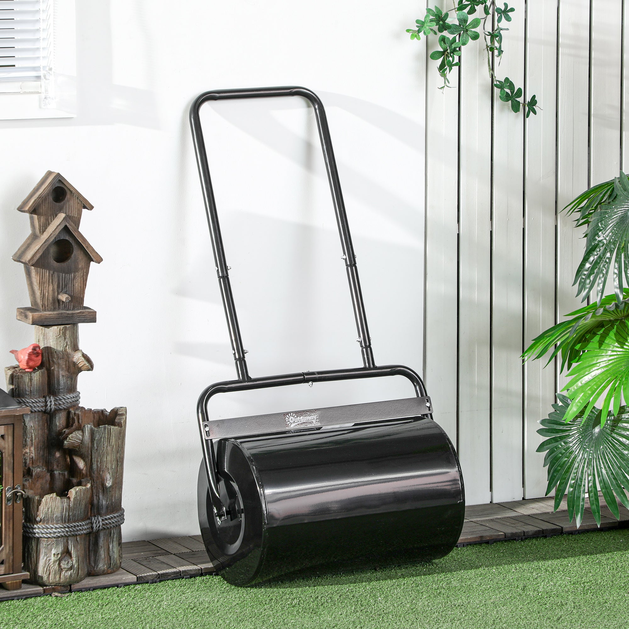 Outsunny Heavy Duty Lawn Roller, 20" Push/Tow Behind Sod Roller, Grass Flattener Filled with 11gal Water/136lbs Sand, Black